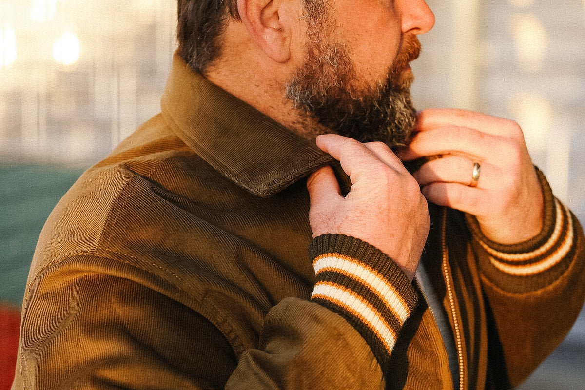 Man adjusting the collar of a brown jacket with a blurred background