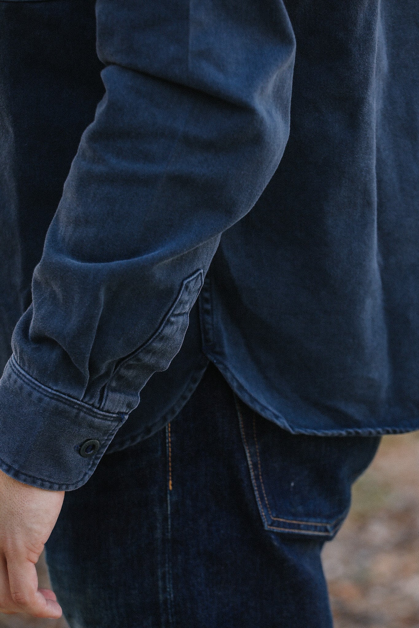 Close-up of a person wearing a long-sleeve navy work shirt and dark blue jeans, showing the cuff and pocket details