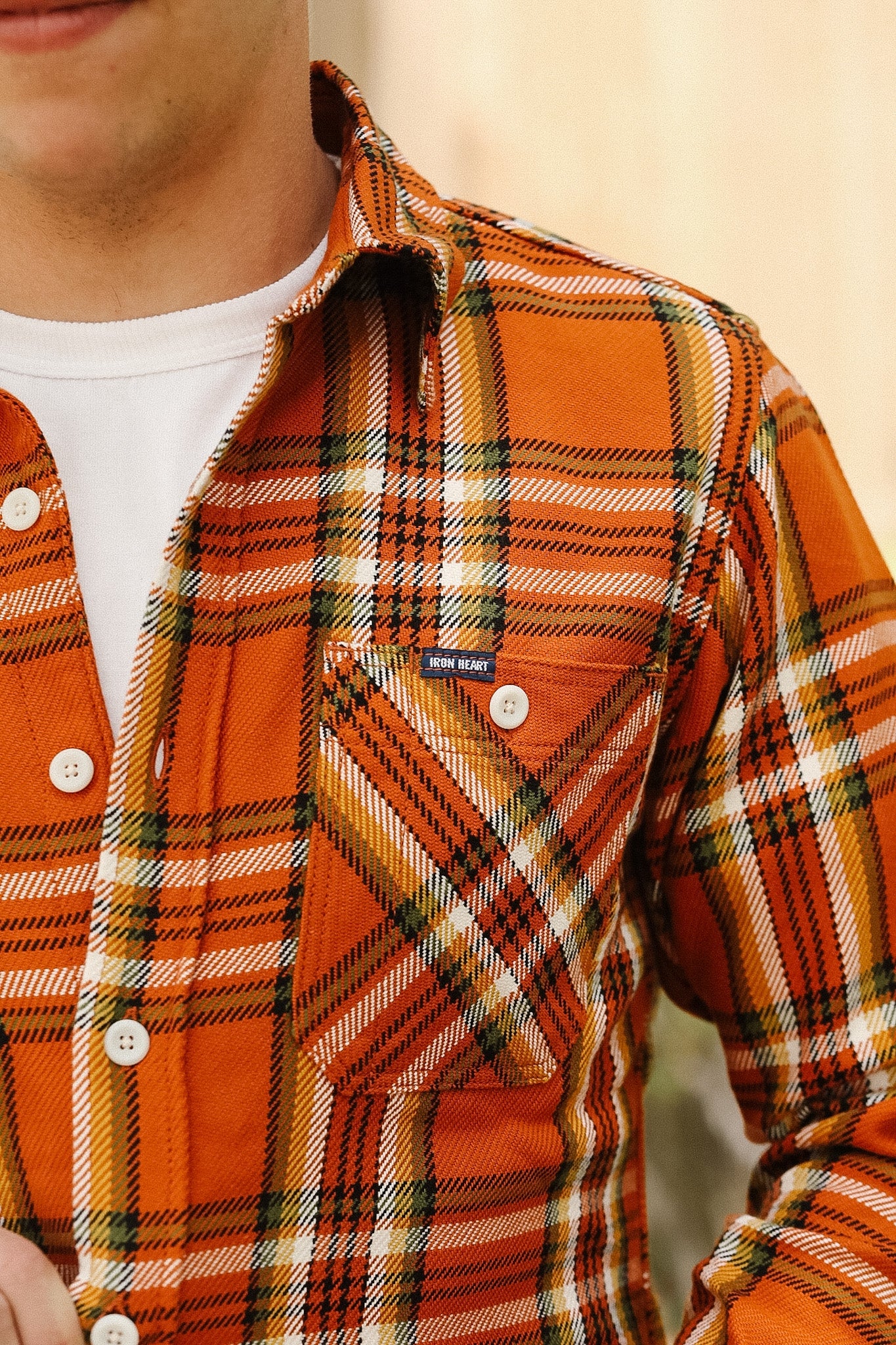IHSH-442-ORA Iron Heart 9oz Selvedge Flannel Check Work Shirt - Orange