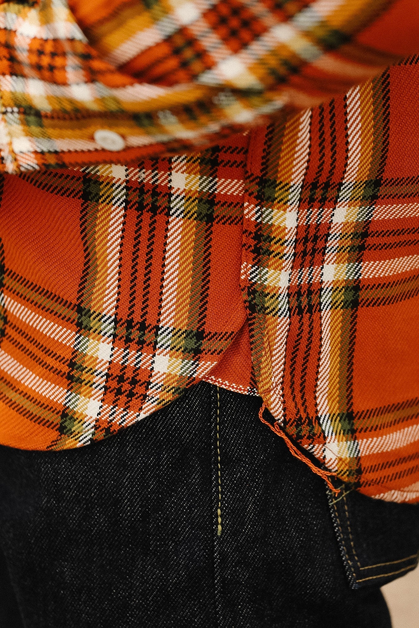 IHSH-442-ORA Iron Heart 9oz Selvedge Flannel Check Work Shirt - Orange
