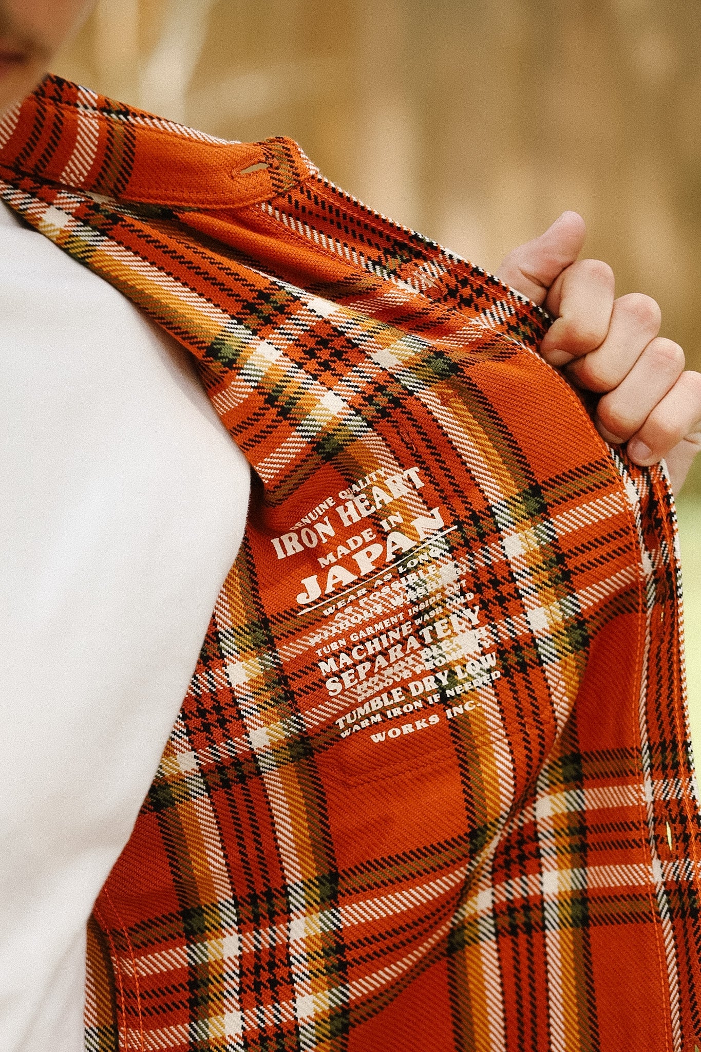 IHSH-442-ORA Iron Heart 9oz Selvedge Flannel Check Work Shirt - Orange