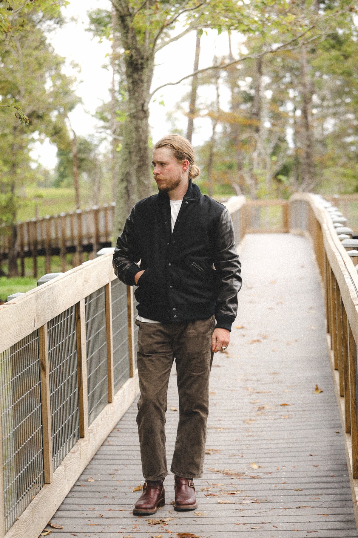 Dehen 1920 Varsity Jacket- Black Wool / Black Leather