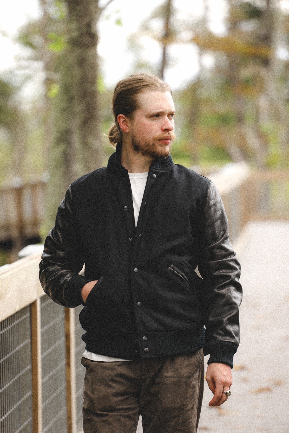 Dehen 1920 Varsity Jacket- Black Wool / Black Leather
