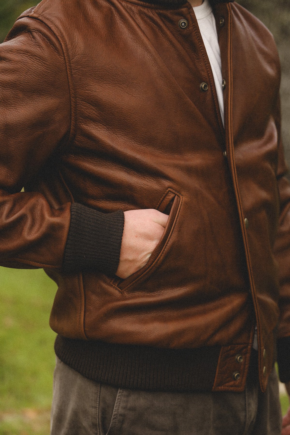 A close-up of a person wearing a brown leather bomber jacket with dark ribbed knit collar, cuffs, and hem, paired with a white shirt and gray pants, set against a blurred outdoor background.
