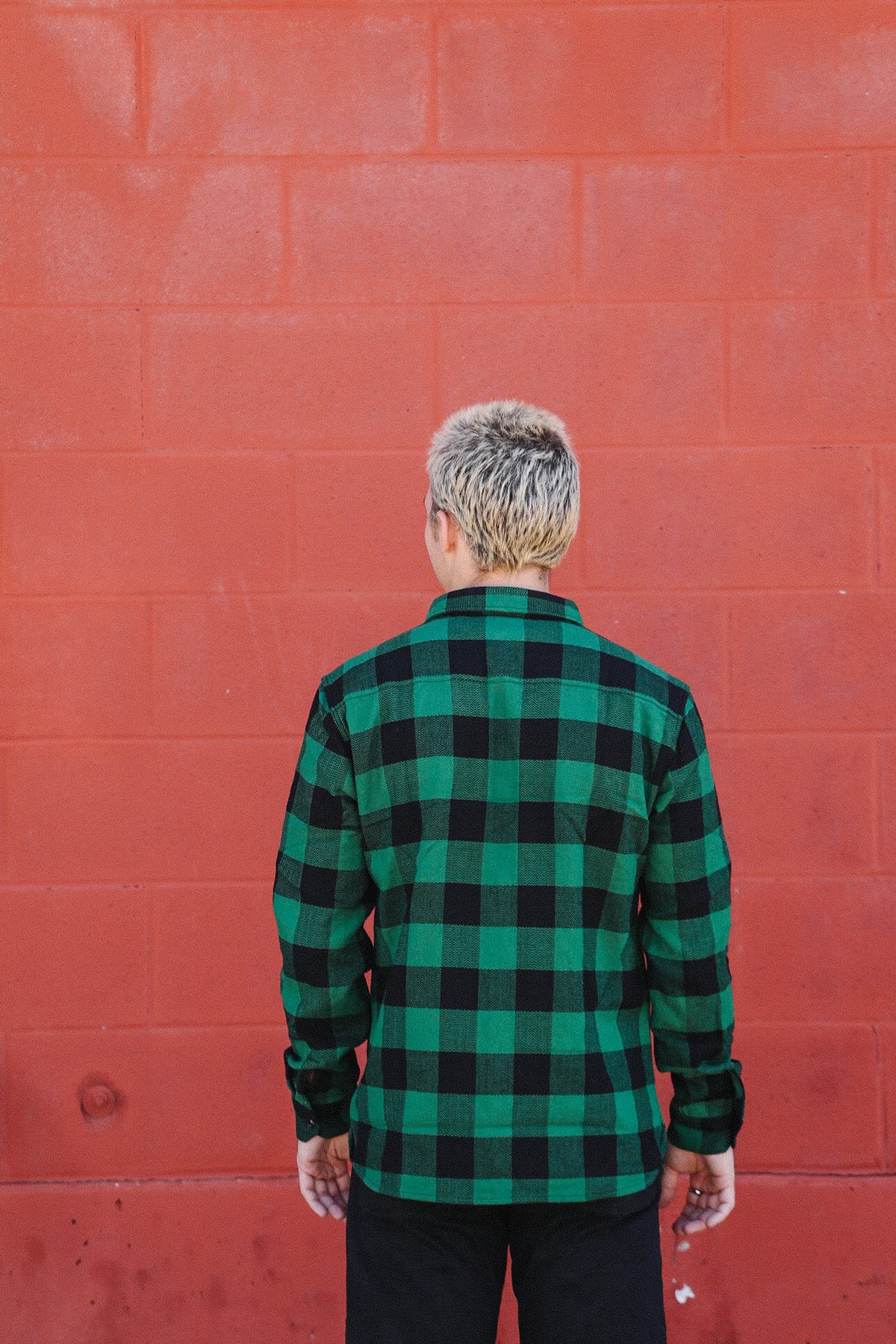 Person with short blond hair wearing green and black plaid shirt standing against red brick wall