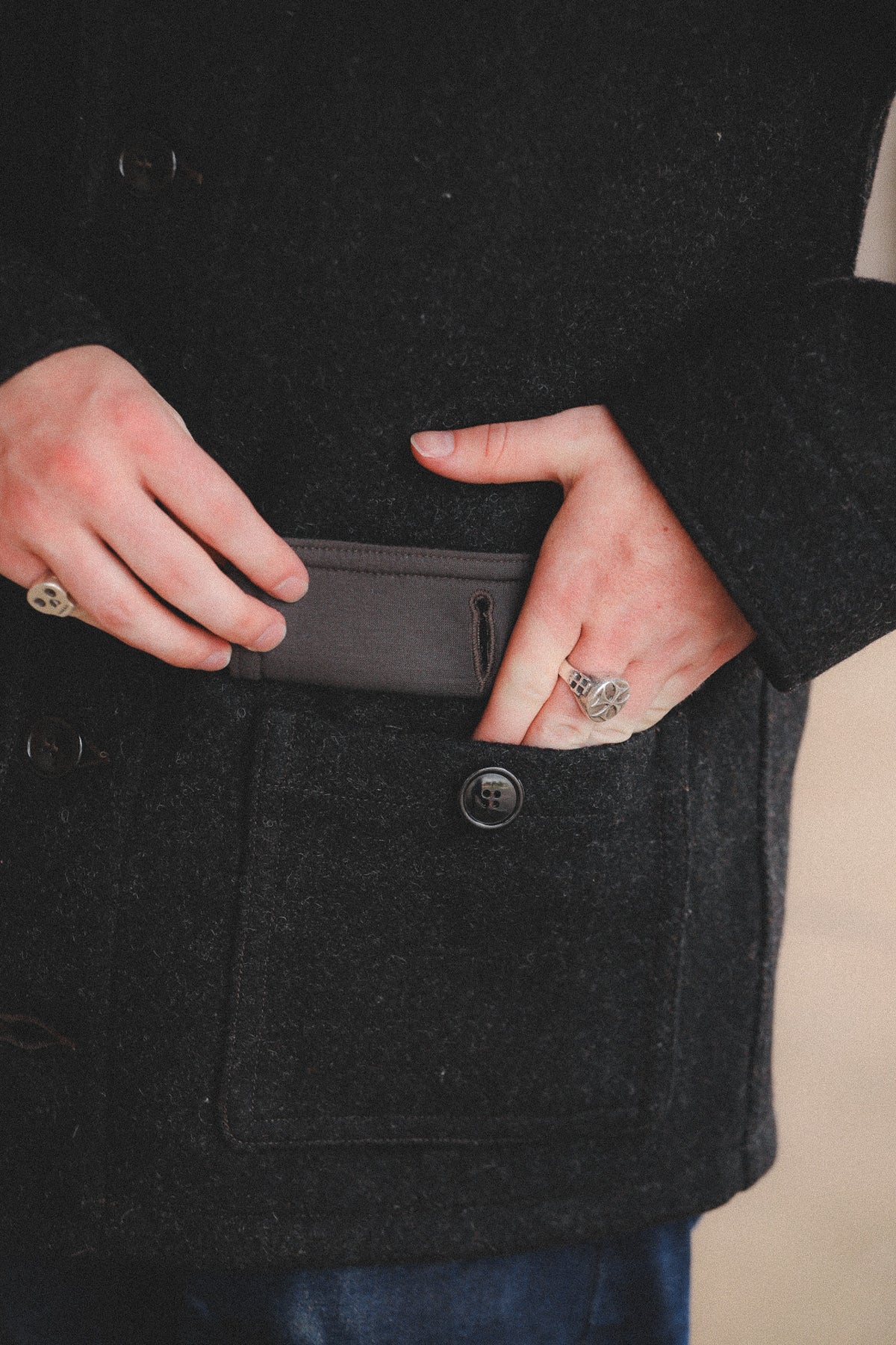 BR15764 Buzz Rickson U.S. Navy Woolen Submariner Coat- 30oz Wool Herringbone Charcoal