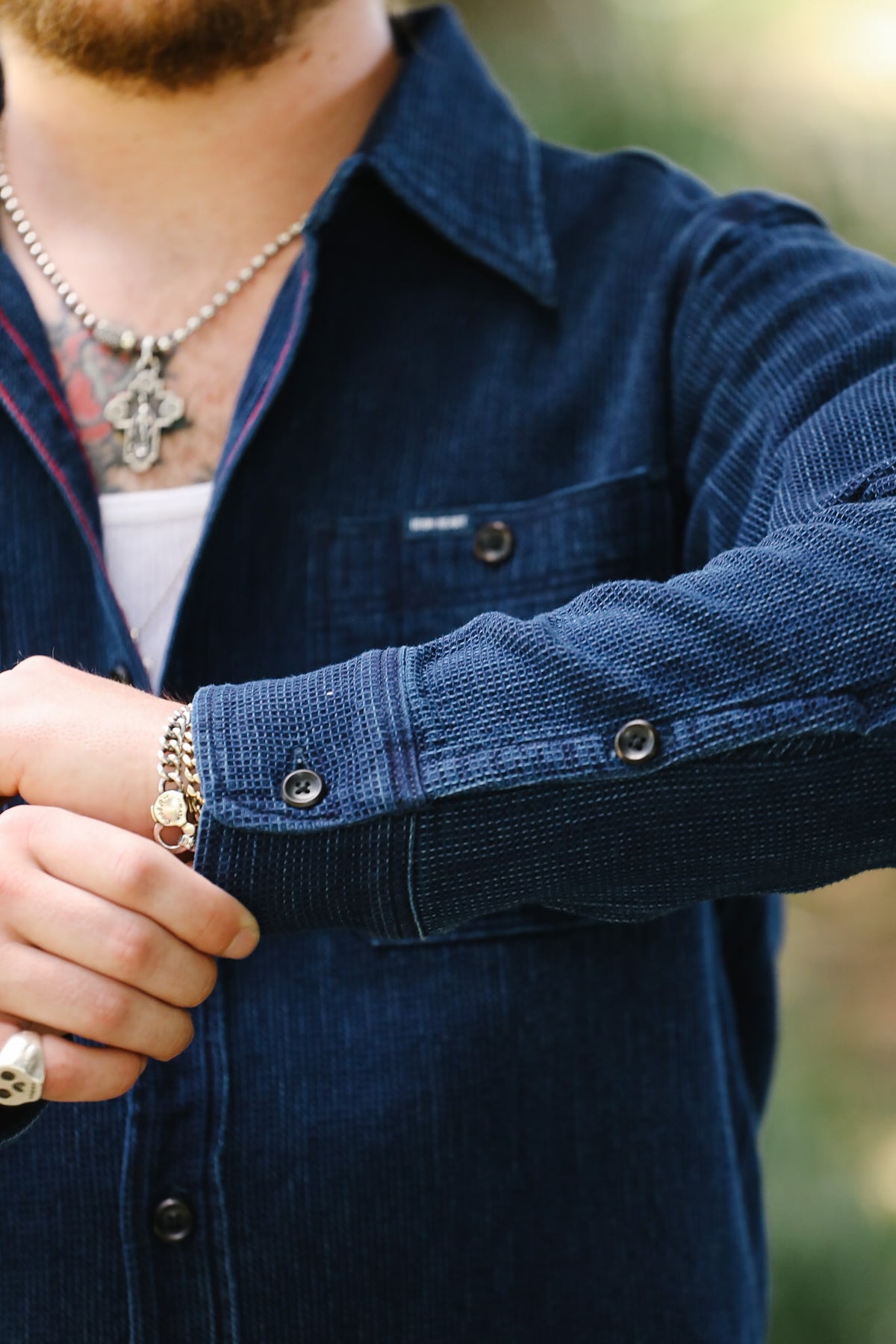 IHSH-96-IND Iron Heart Waffle Work Shirt - Indigo