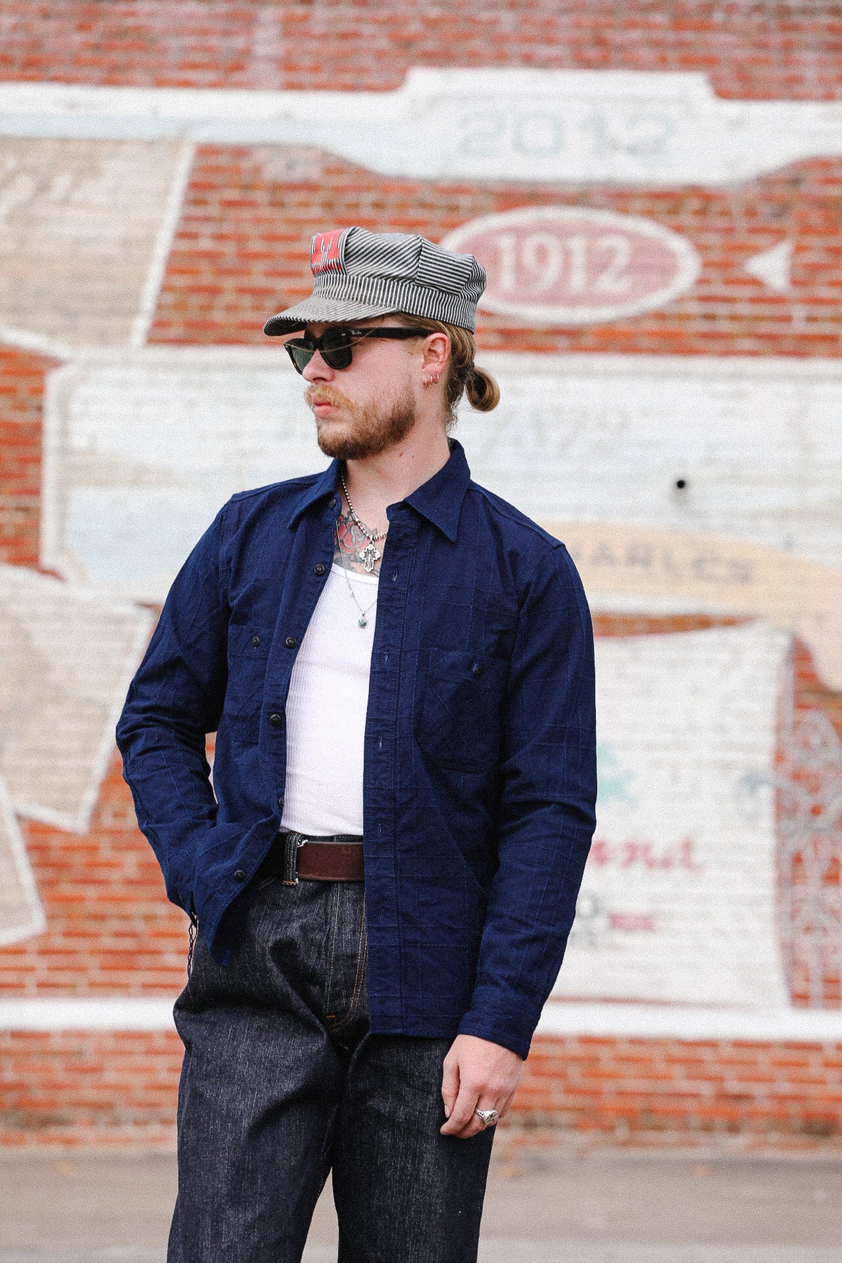 SSS26-ARS Samurai Jeans Indigo Sashiko Lattice Dobby Work Shirt- Indigo