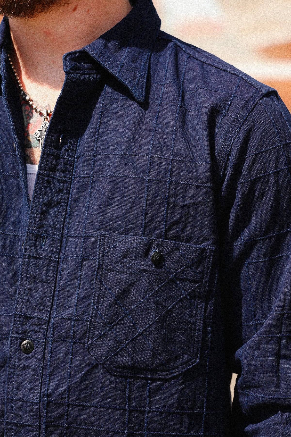 SSS26-ARS Samurai Jeans Indigo Sashiko Lattice Dobby Work Shirt- Indigo