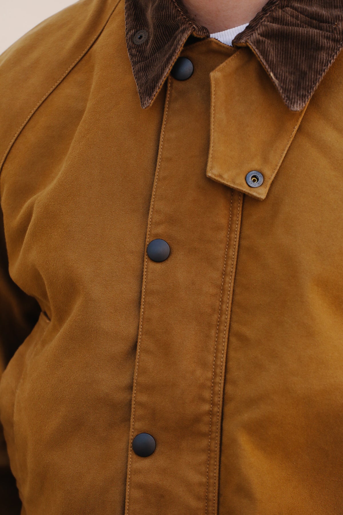 Close-up of a brown corduroy collar and tan suede jacket with dark buttons.