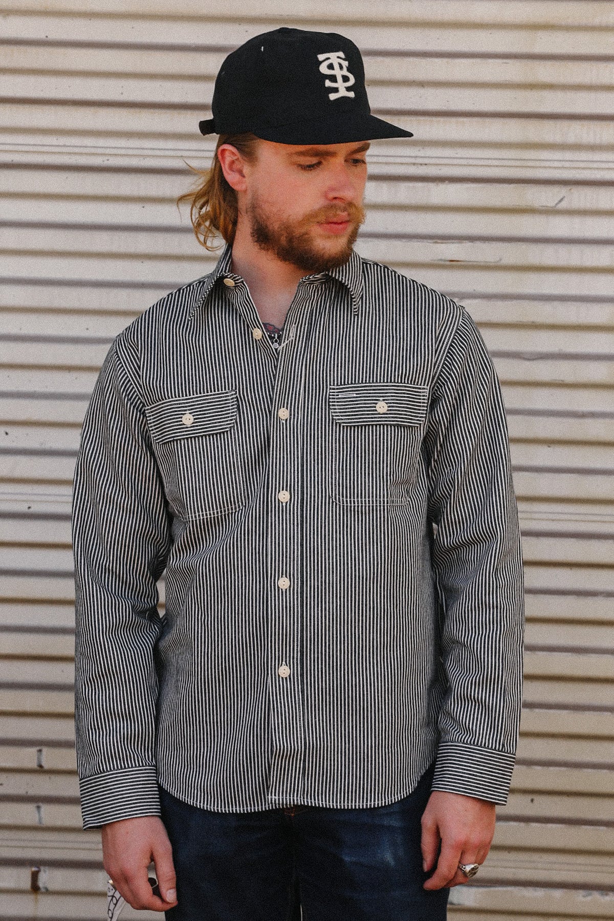 SC27853 Sugar Cane Long Sleeve Work Shirt- Black Hickory Stripe
