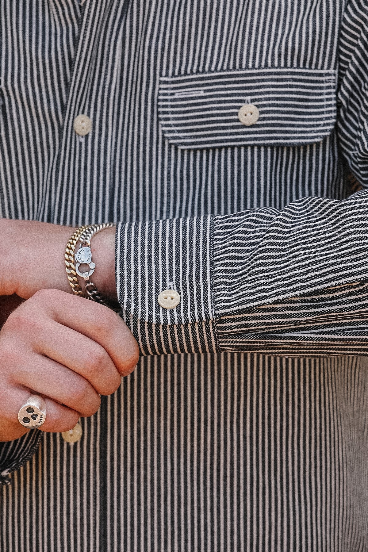 Up close detail of striped denim shirt