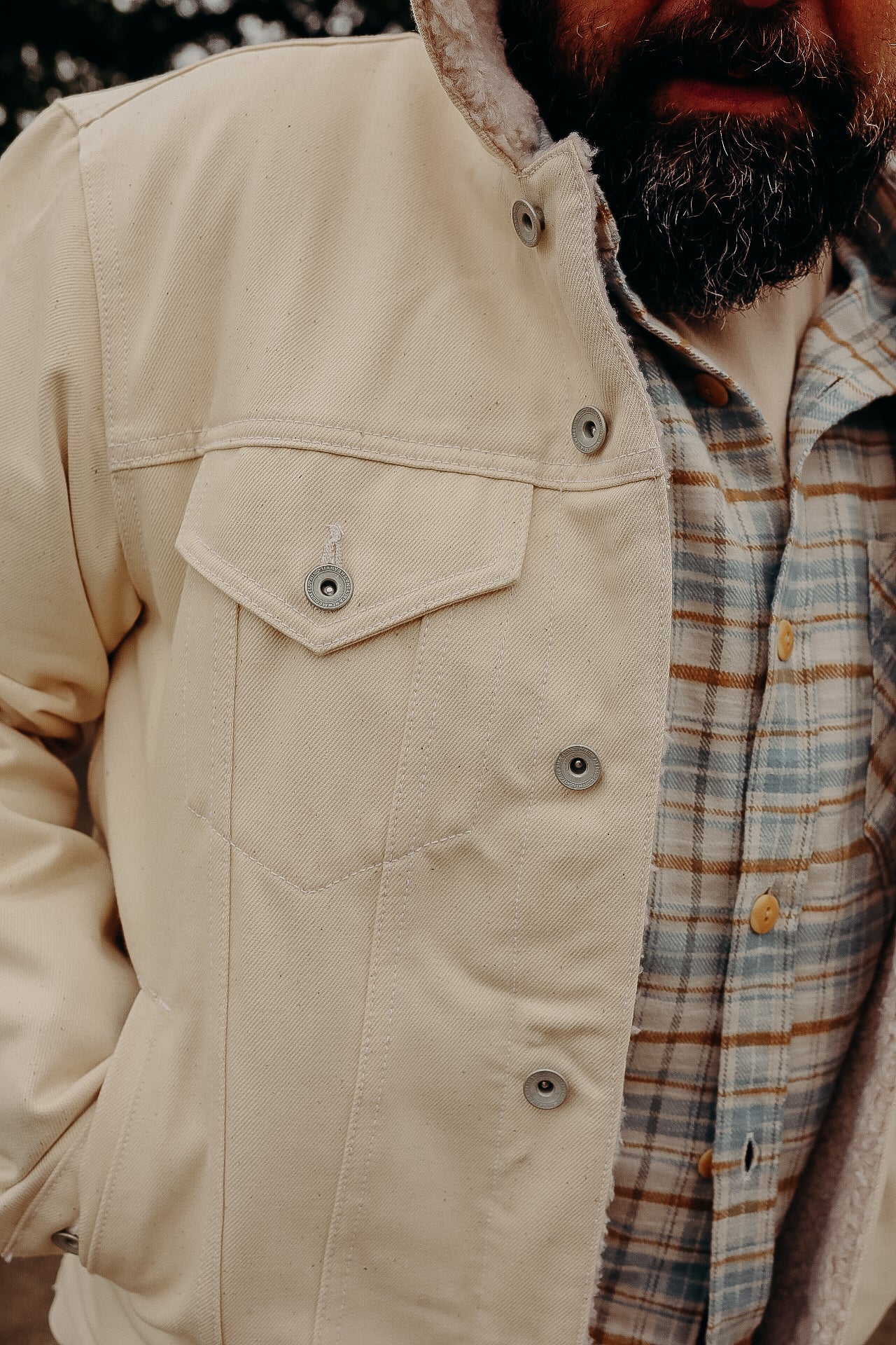Close-up of rugged man wearing cream canvas jacket with sherpa lining and blue plaid flannel shirt