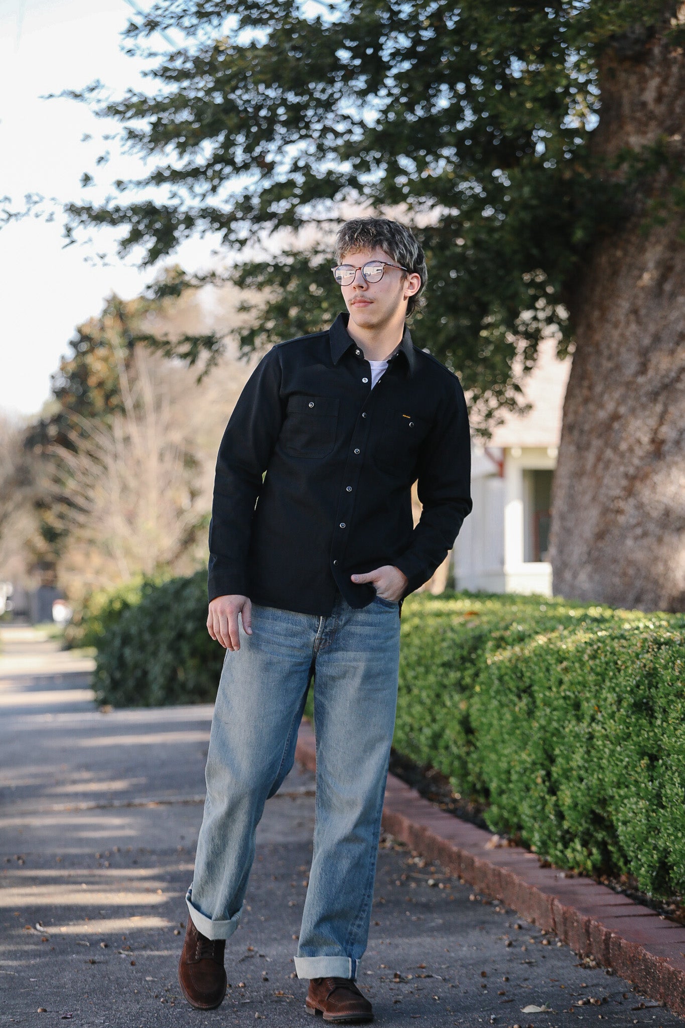 IHSH-338-BLK Iron Heart 12oz Selvedge Denim Work Shirt With Snaps - Black