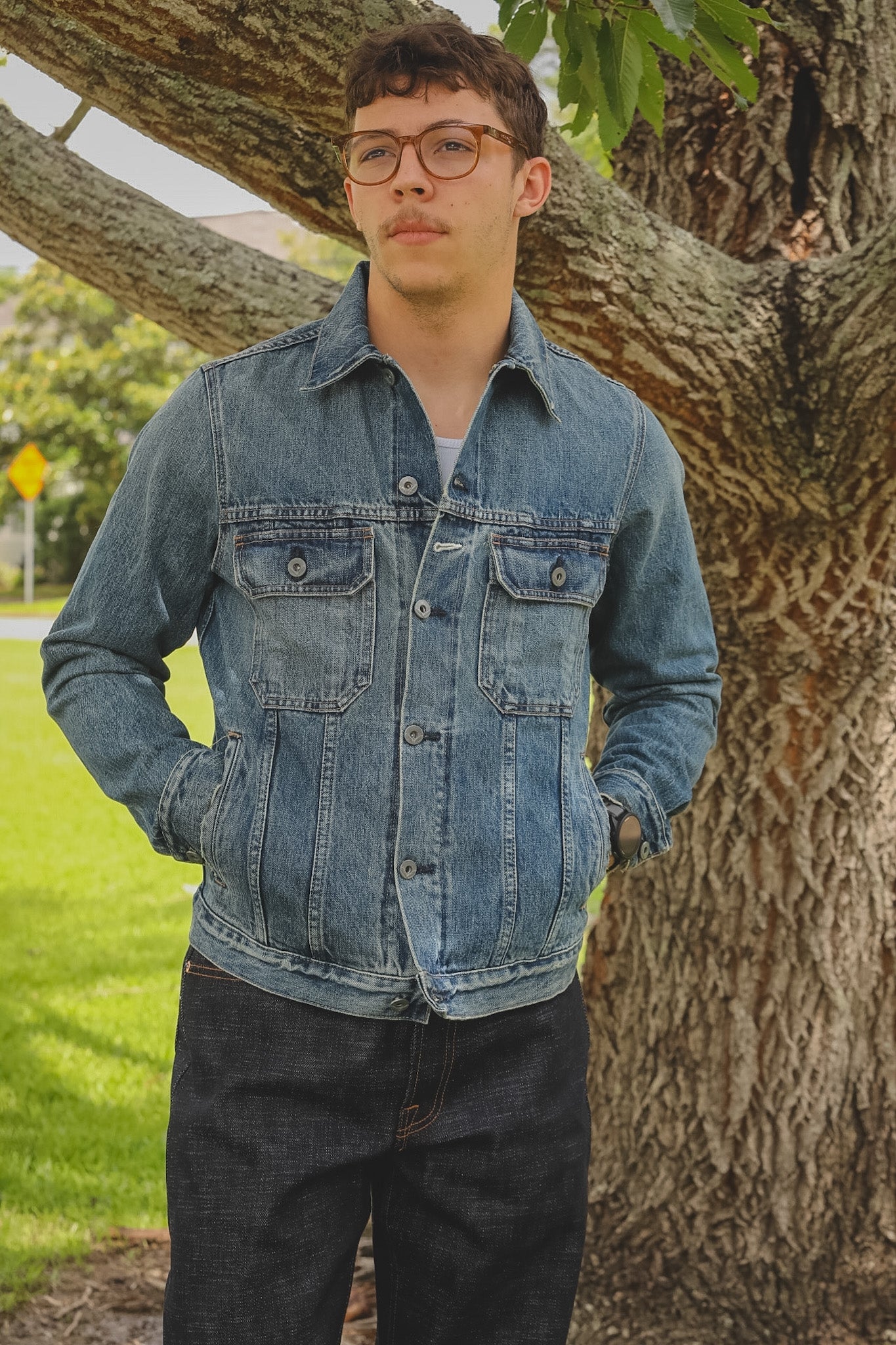 Person wearing a denim jacket standing next to a tree