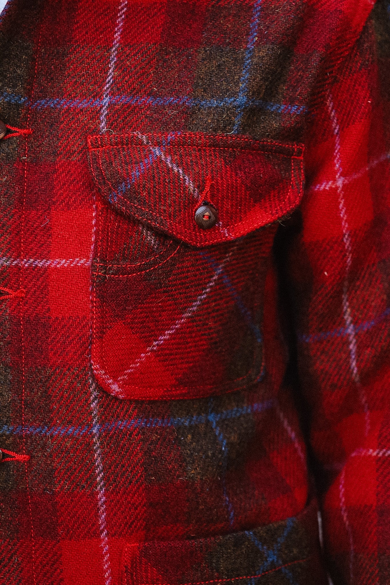 Close-up of a red plaid shirt with a pocket
