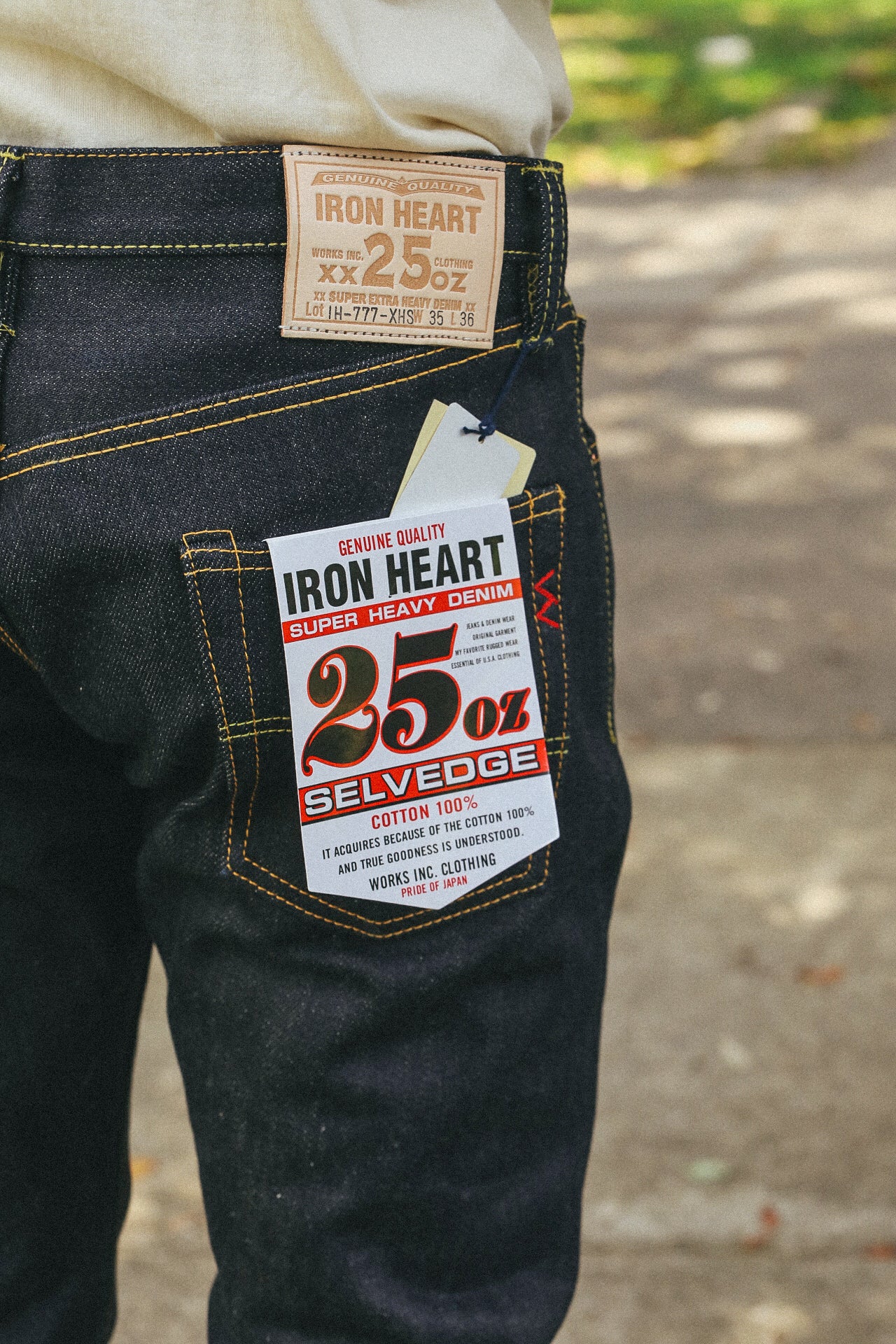 Iron Heart 25 oz super heavy selvedge denim jeans with label and leather patch on back pocket