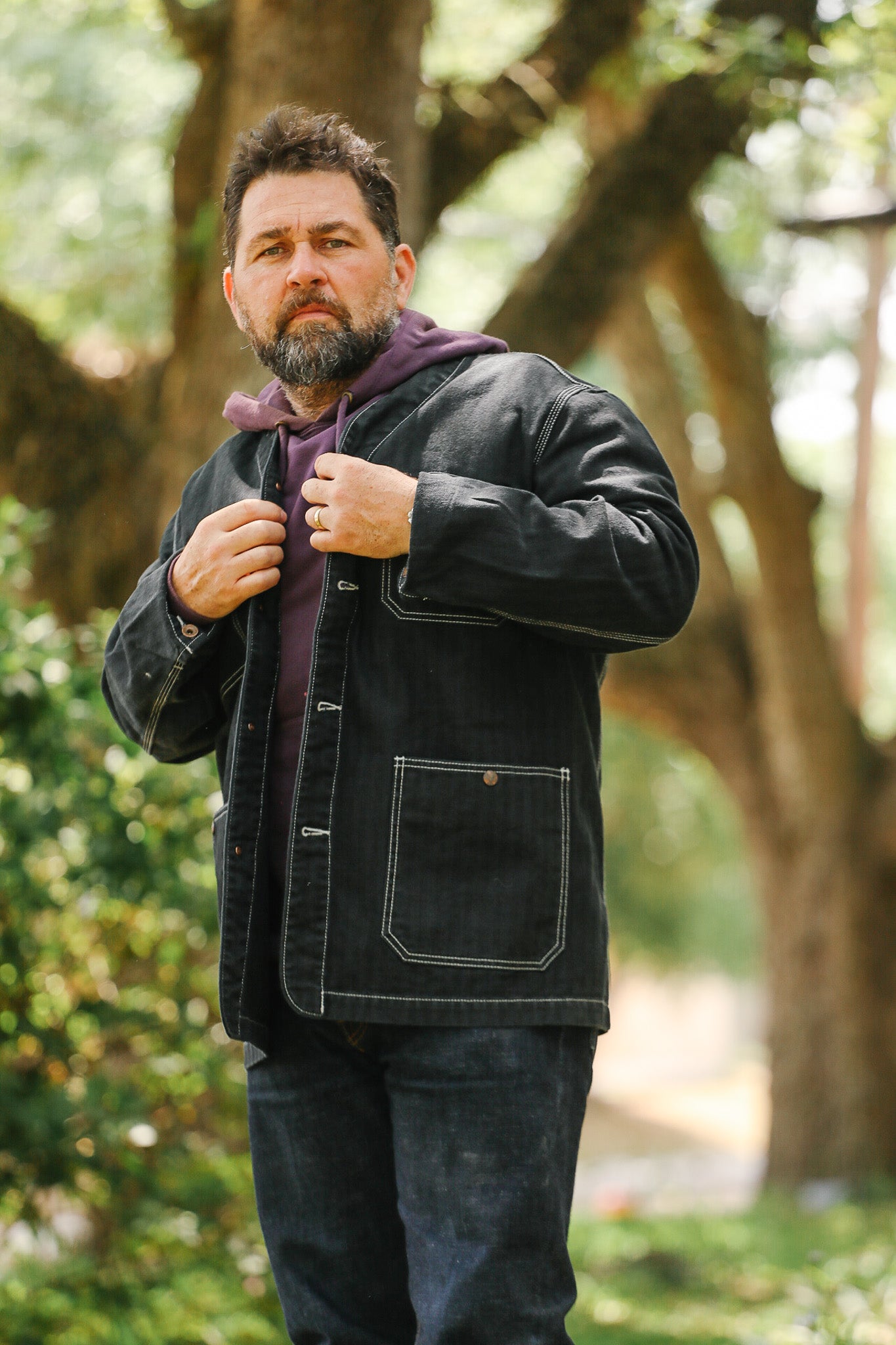 IHJ-158-BLK Iron Heart 10.5oz Herringbone Collarless Chore Jacket - Black Overdyed Black