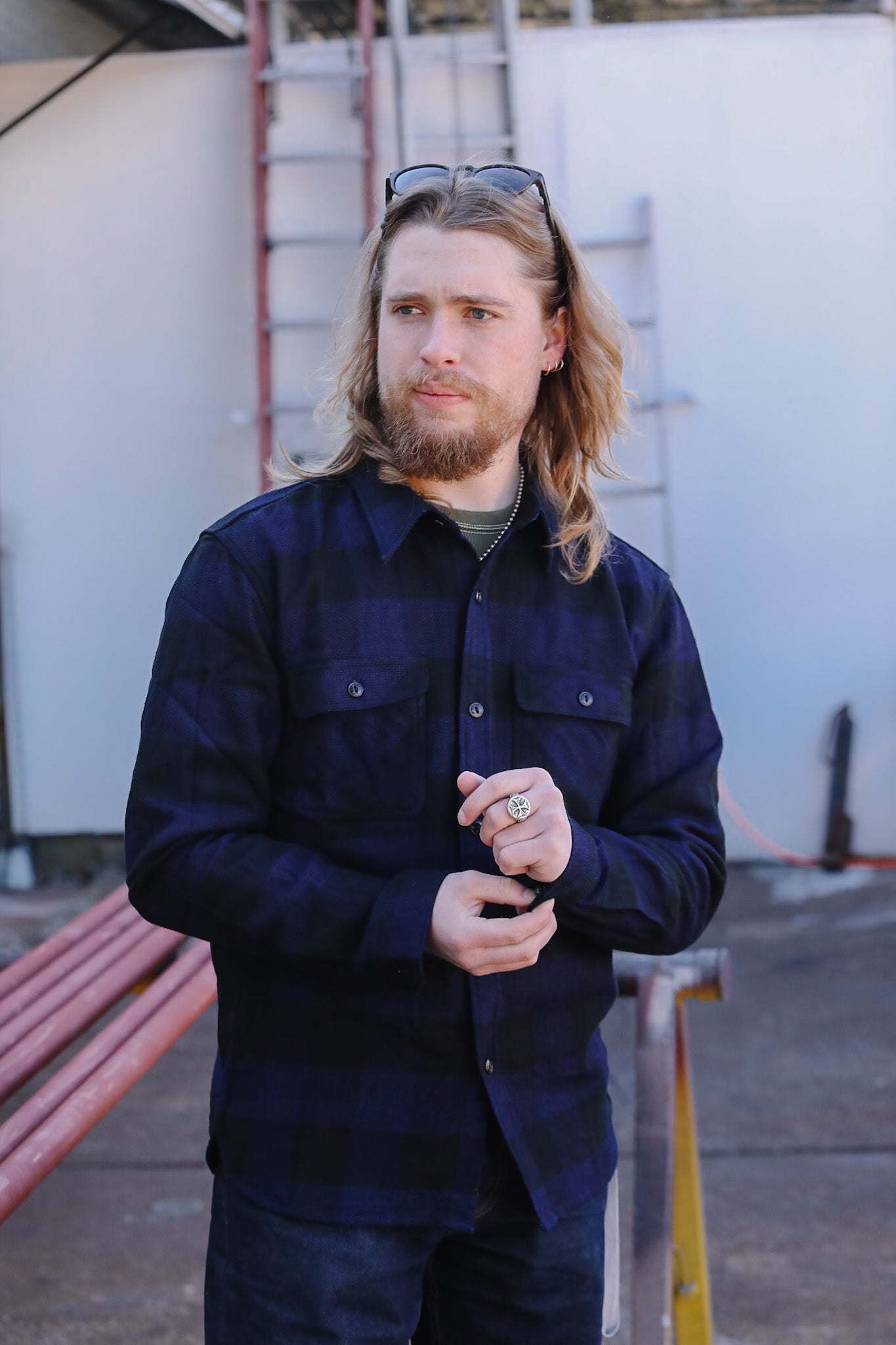 FN-SNR-101LSP The Flat Head Block Check Flannel Work Shirt- Indigo
