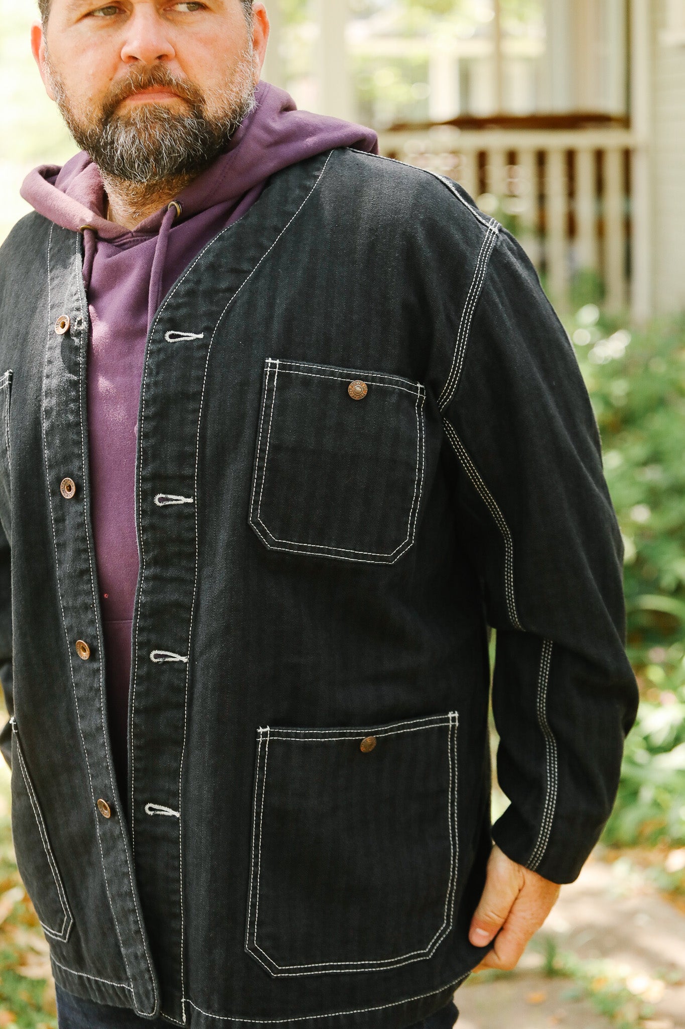IHJ-158-BLK Iron Heart 10.5oz Herringbone Collarless Chore Jacket - Black Overdyed Black
