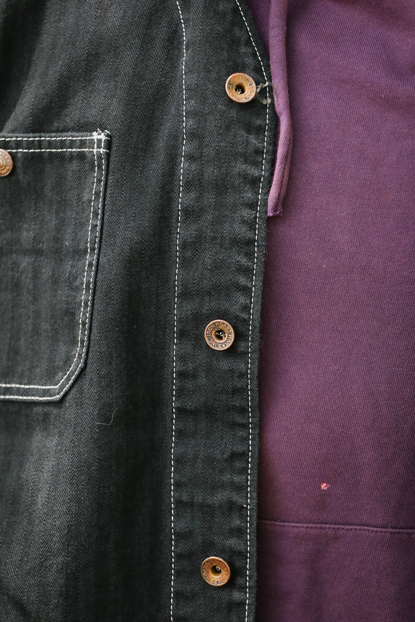 IHJ-158-BLK Iron Heart 10.5oz Herringbone Collarless Chore Jacket - Black Overdyed Black