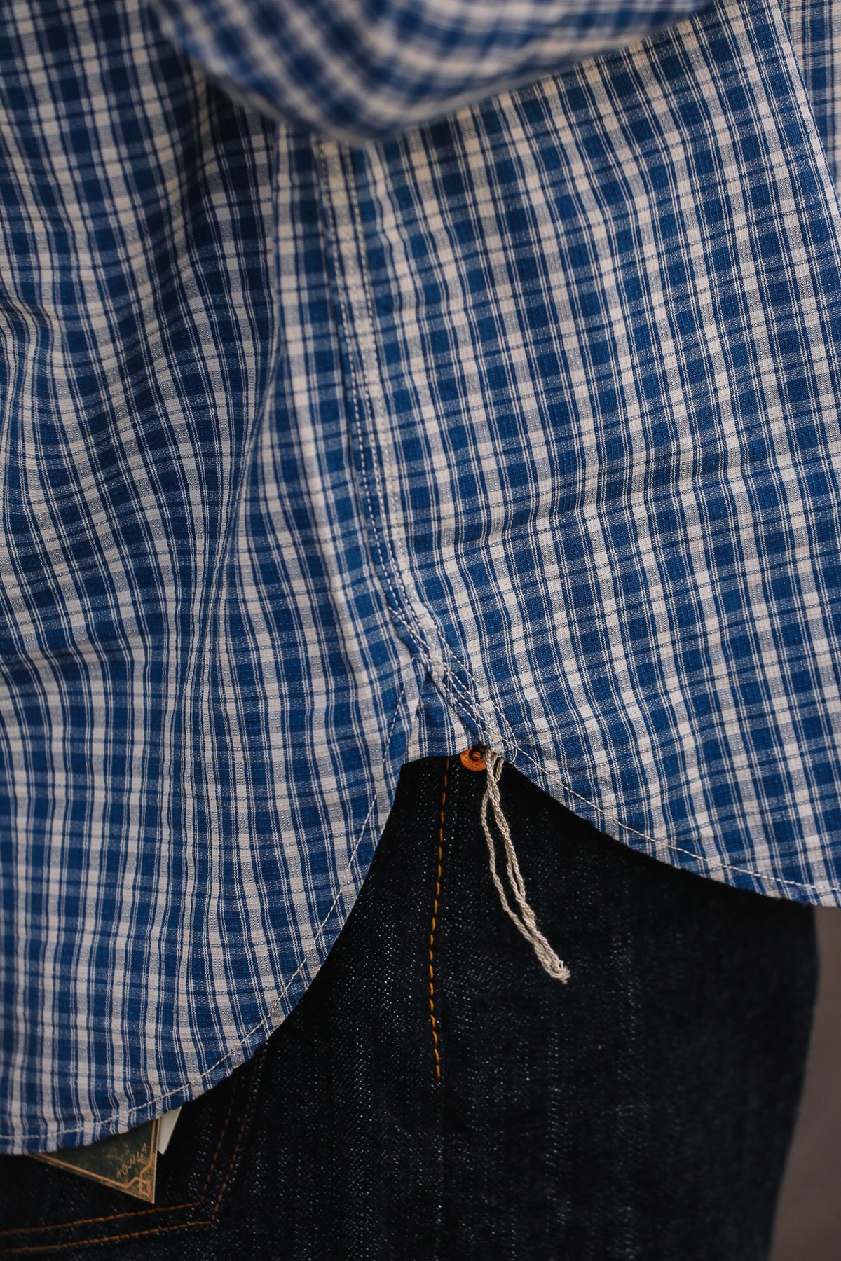Close-up of a blue and white gingham plaid shirt tucked into dark indigo jeans, showing the hem and a small frayed thread detail.