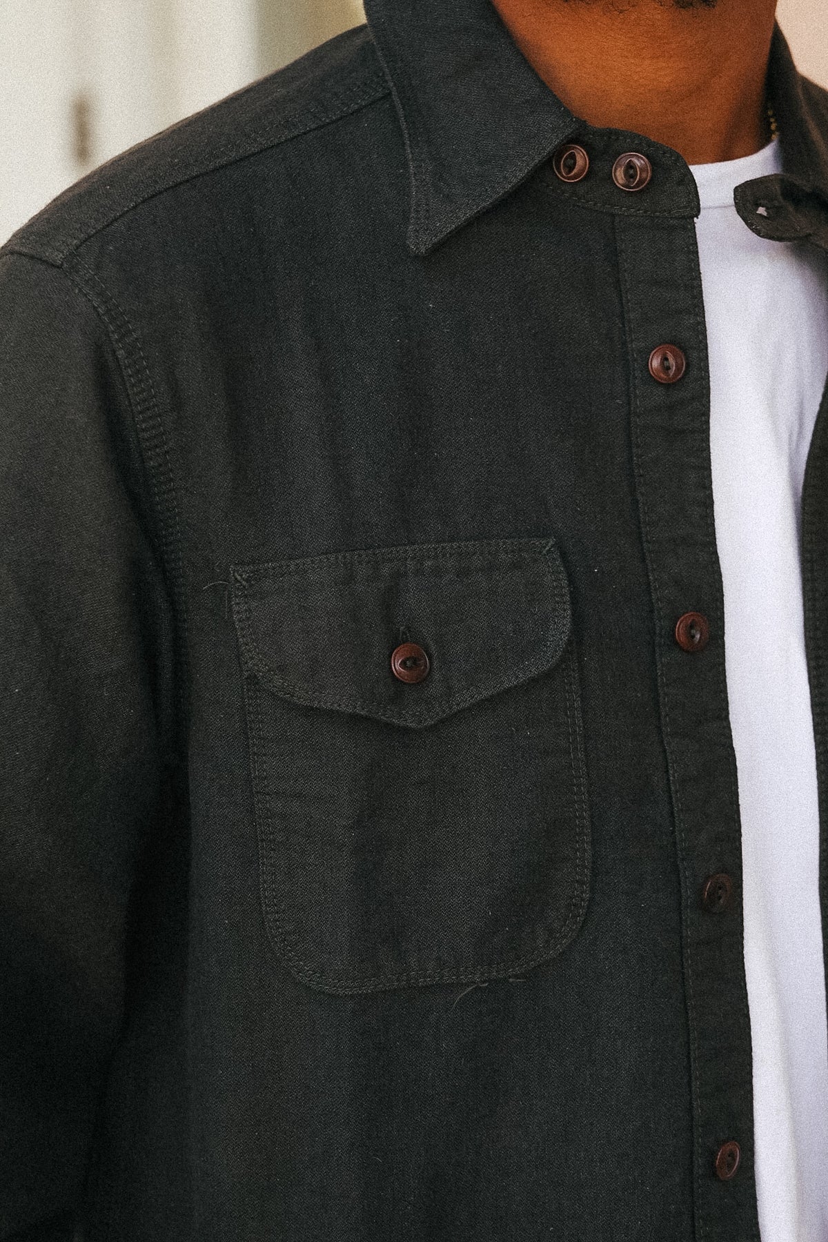 Close-up of a person wearing a dark charcoal gray button-up shirt with a chest pocket, layered over a white undershirt.