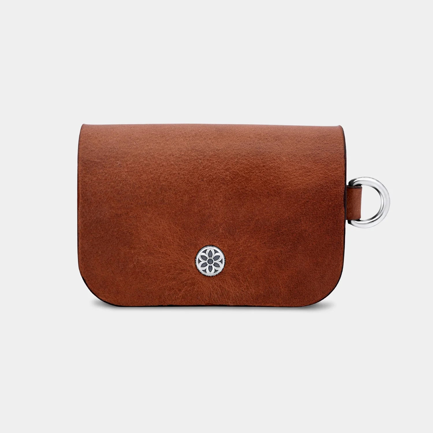 Natural brown cow leather card satchel with silver floral emblem and metal ring closure
