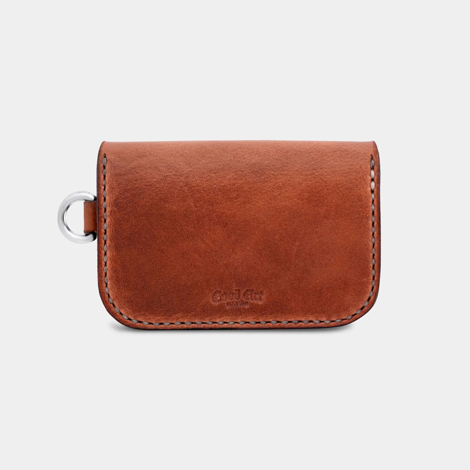 Natural brown Cow leather card satchel with visible stitching and metal ring