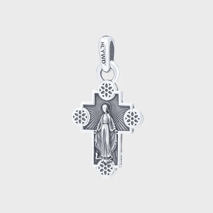 Sterling silver cross pendant with Virgin Mary figure and HLYWD engraving, detailed floral accents