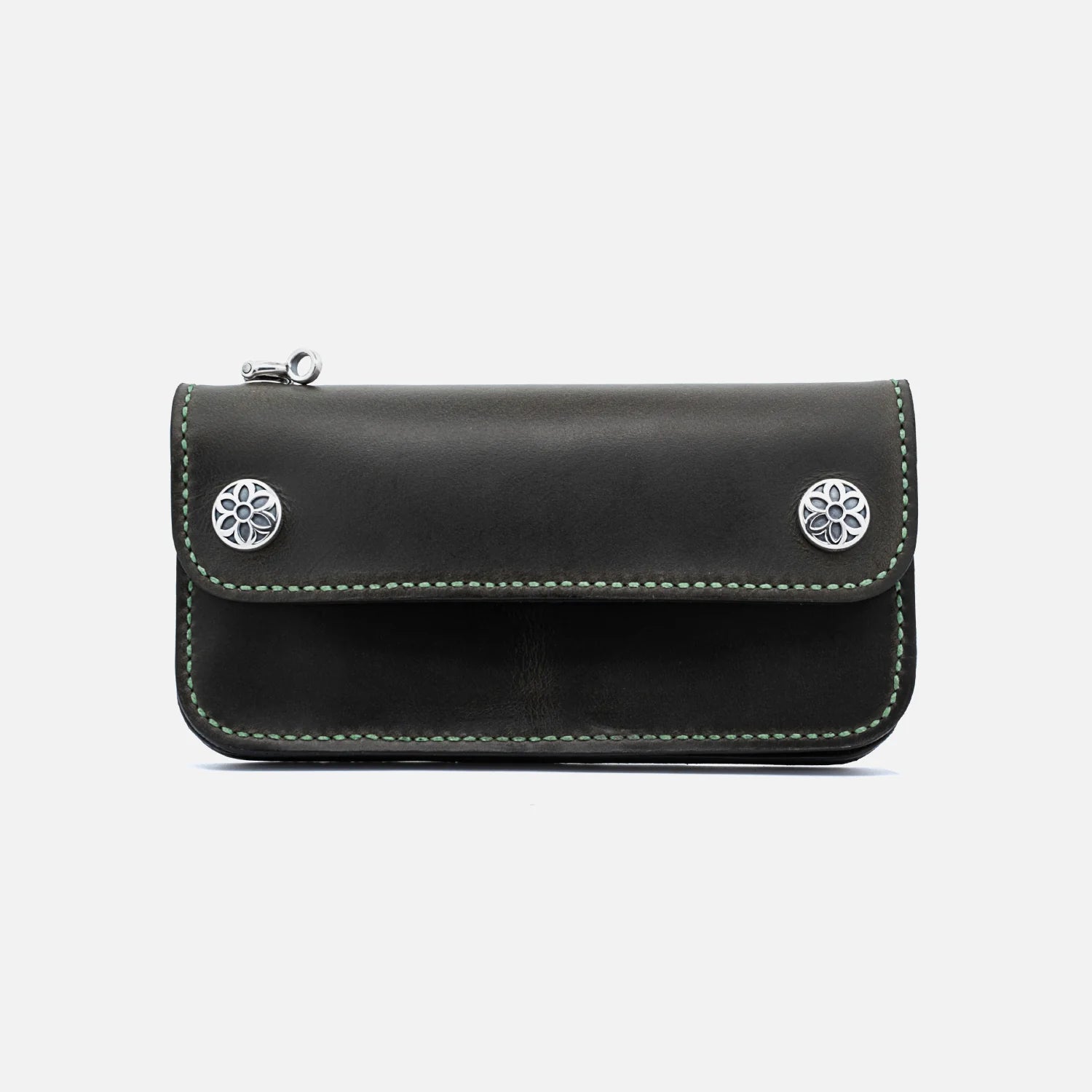 Green Good Art Horse leather wallet with silver decorative conchos and green stitching