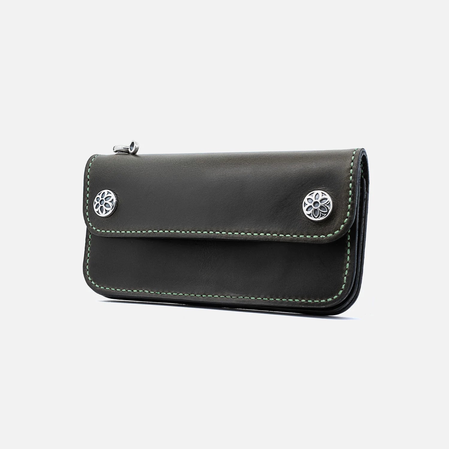 Good Art leather wallet in army green with silver decorative snaps and contrast stitching