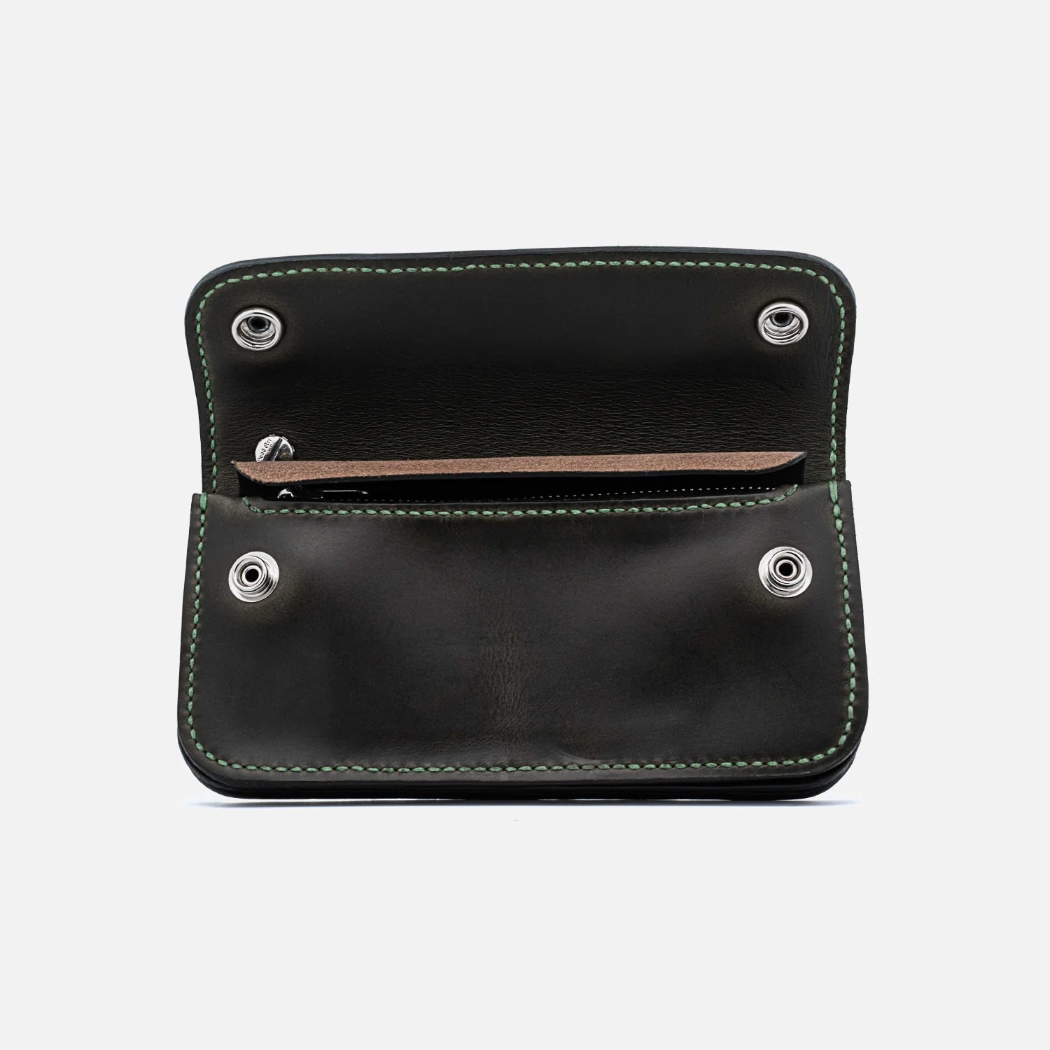 Open green-stitched black leather wallet with snap buttons, showcasing interior compartments