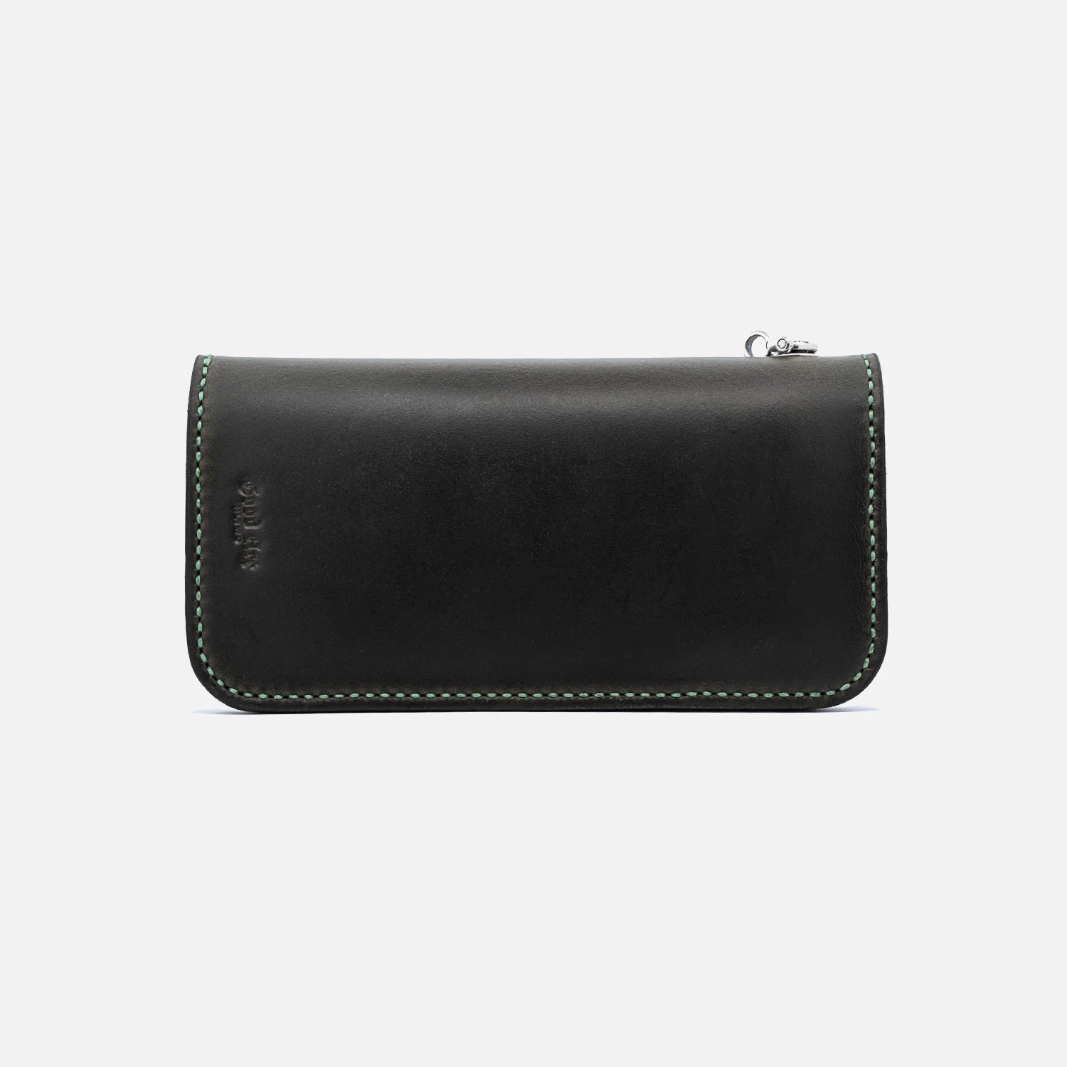 Black horse leather wallet with green stitching and zipper pull, minimalist design by Iron Shop Provisions
