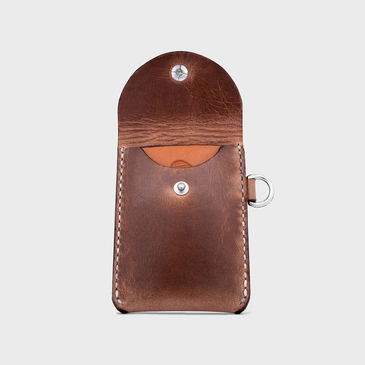 Natural brown leather snap card wallet with silver button and key ring by Iron Shop Provisions