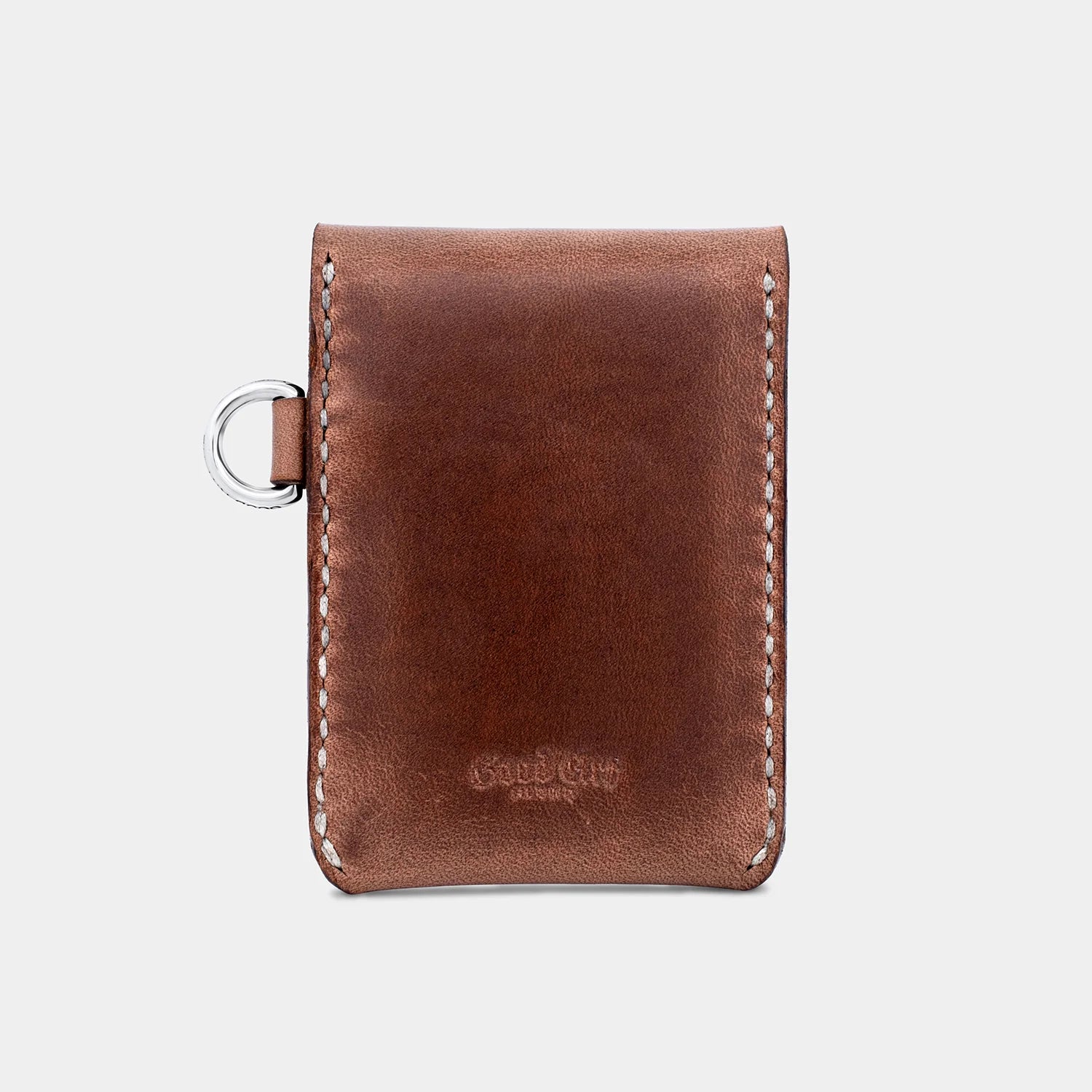 Natural brown horse leather snap card wallet with white stitching and metal ring from Iron Shop Provisions