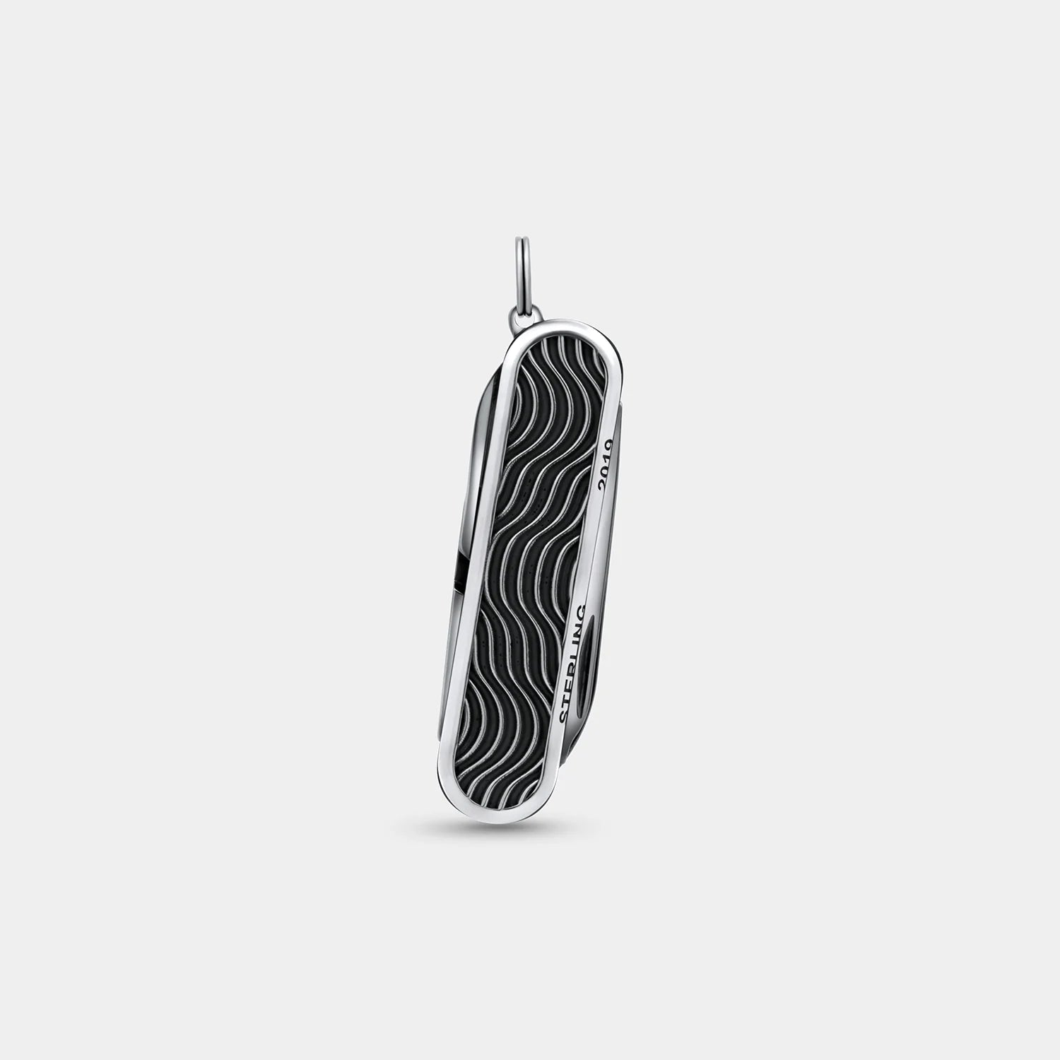 Sterling silver pocket knife pendant with black wavy textured inlay and 2019 engraving