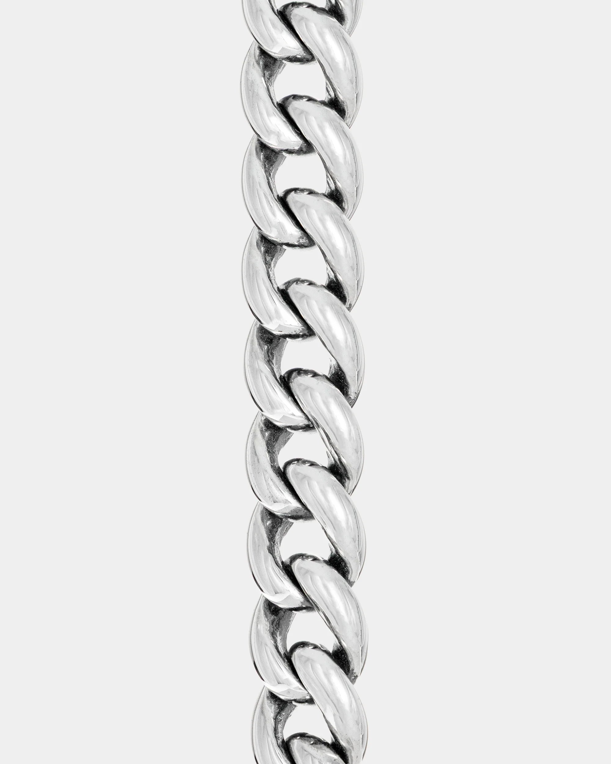 Close-up of thick sterling silver curb chain bracelet from Iron Shop Provisions