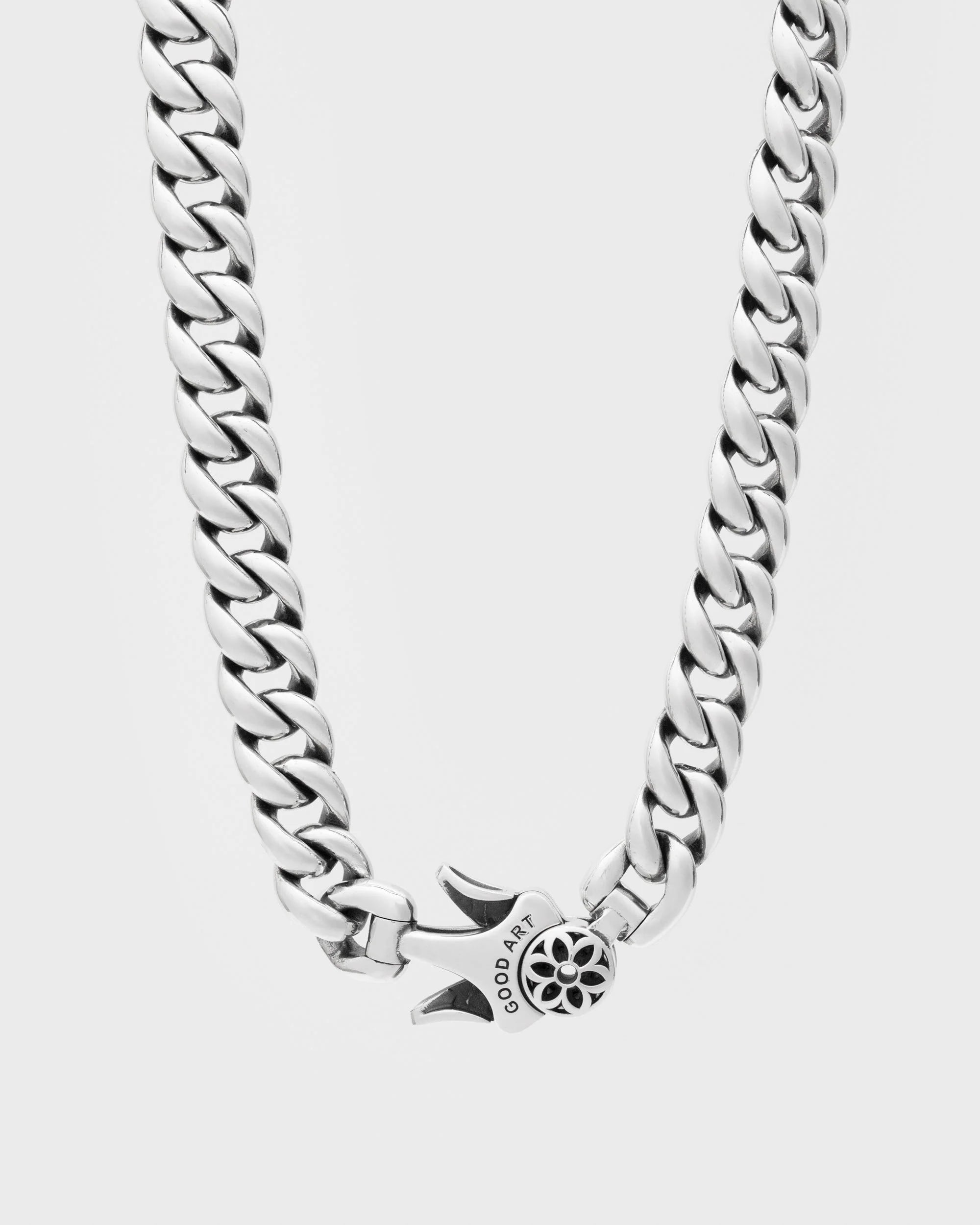Sterling silver Cuban link chain necklace with engraved GOOD ART clasp detail