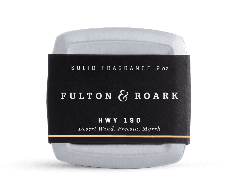 Fulton &amp; Roark HWY 190 solid fragrance in black tin with Desert Wind, Freesia, Myrrh scent