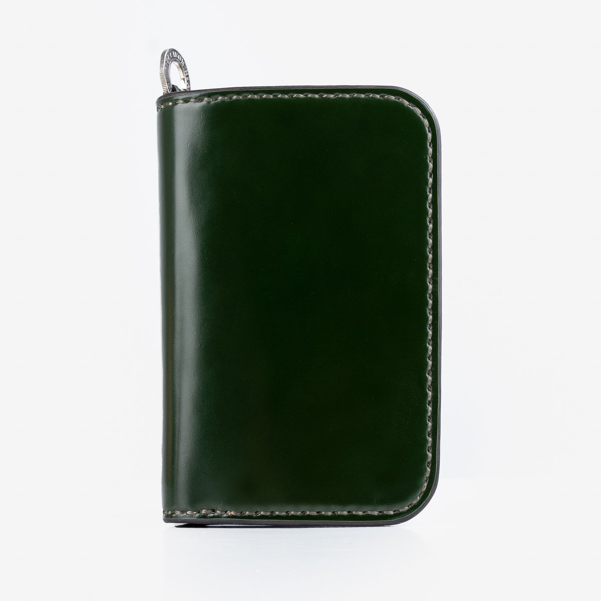 Green smooth leather wallet with gray stitching and silver pull tab on white background