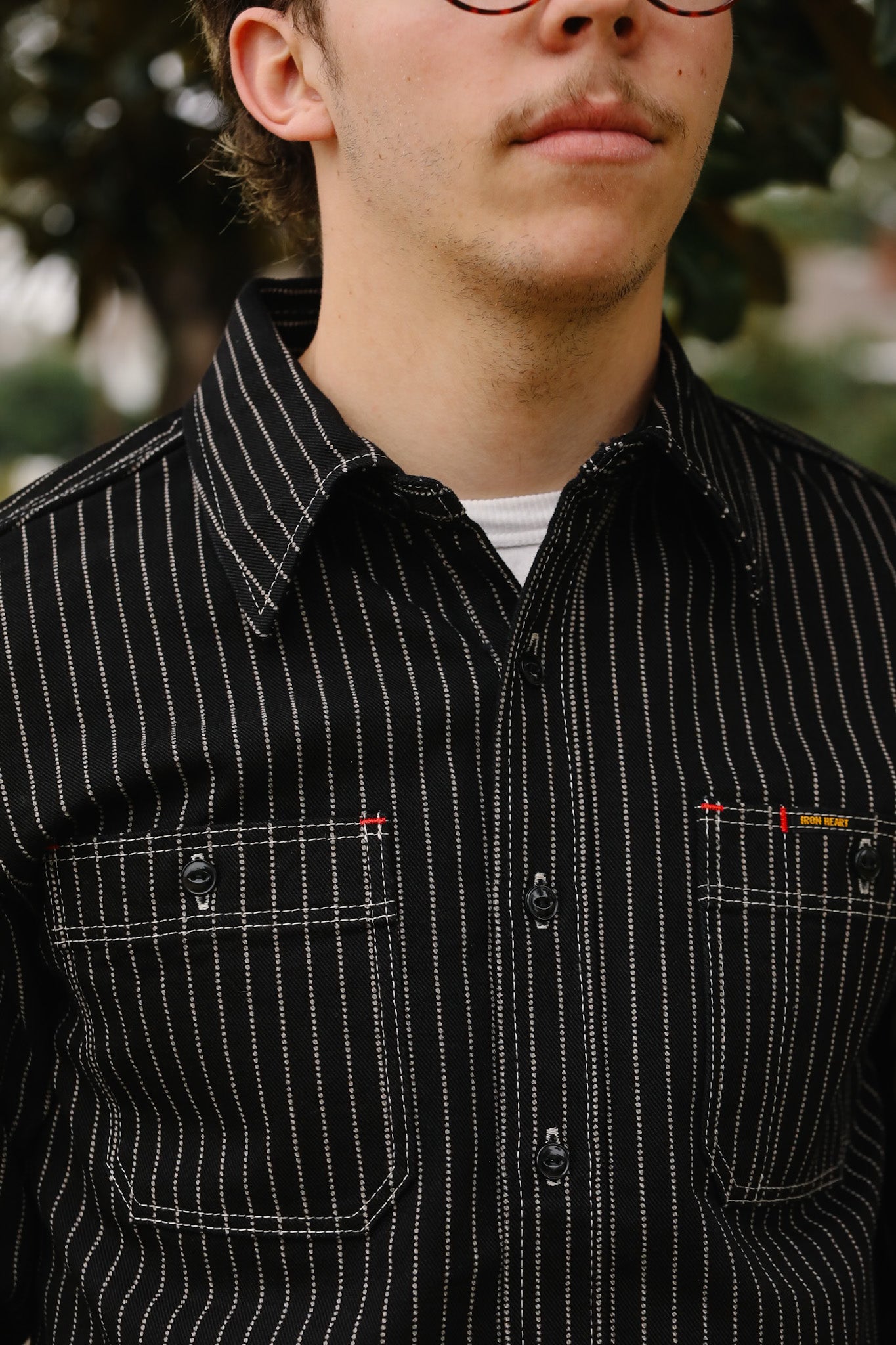man wearing IHSH-266-IND 12oz Wabash Work Shirt - Indigo With Black Buttons