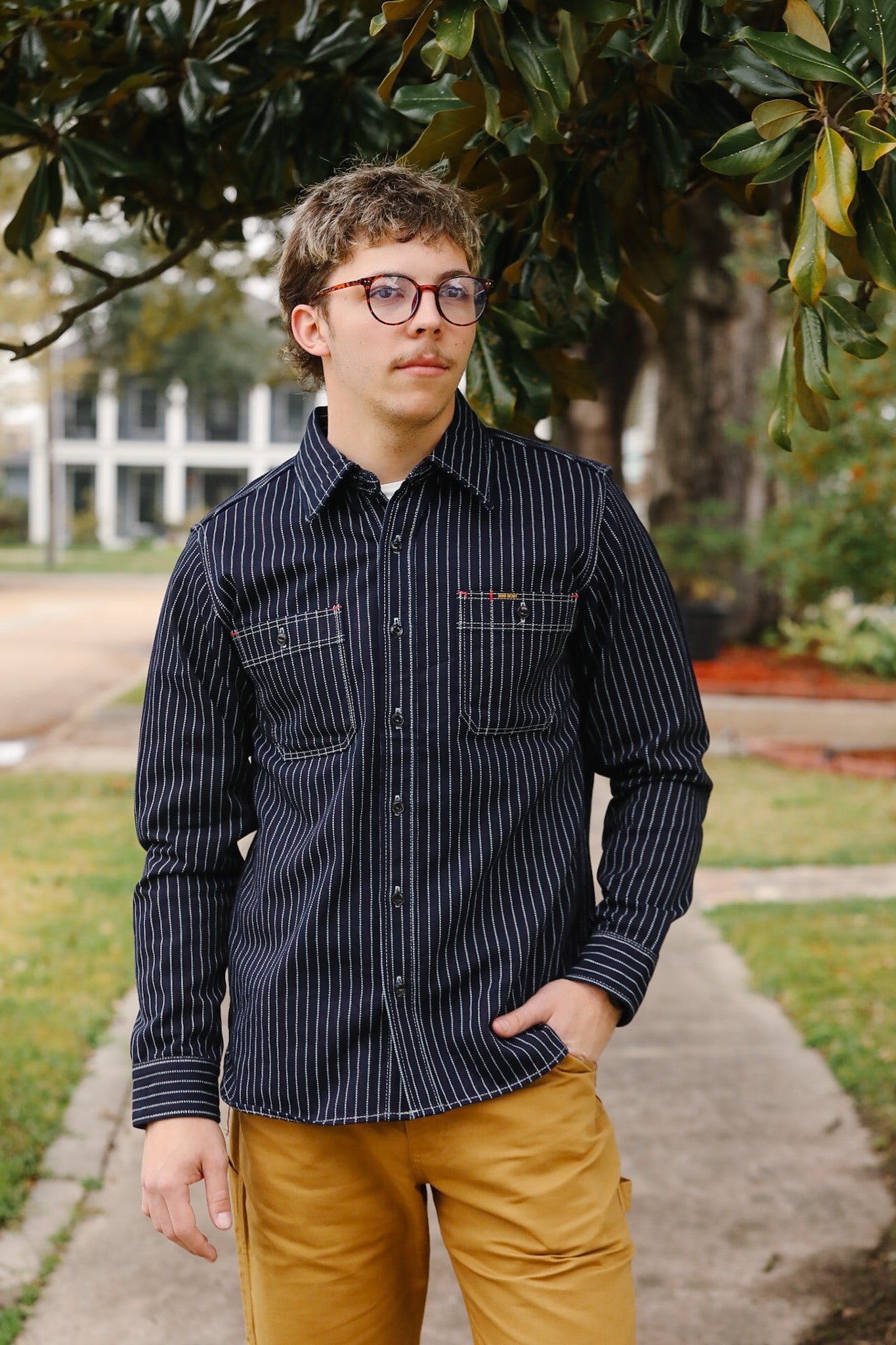 man wearing man wearing IHSH-266-IND 12oz Wabash Work Shirt - Indigo With Black Buttons