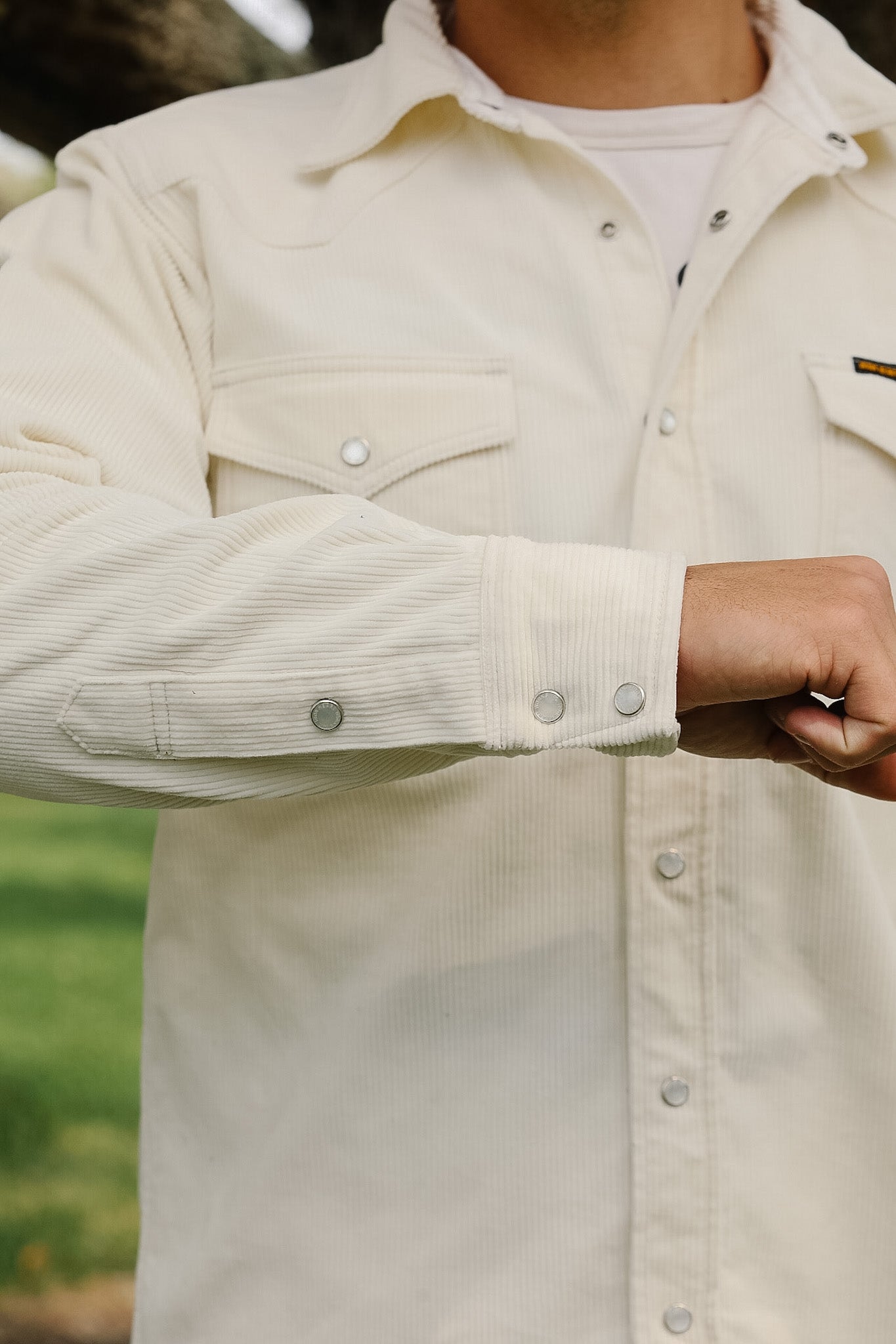 Close-up of a beige corduroy shirt with a blurred green background