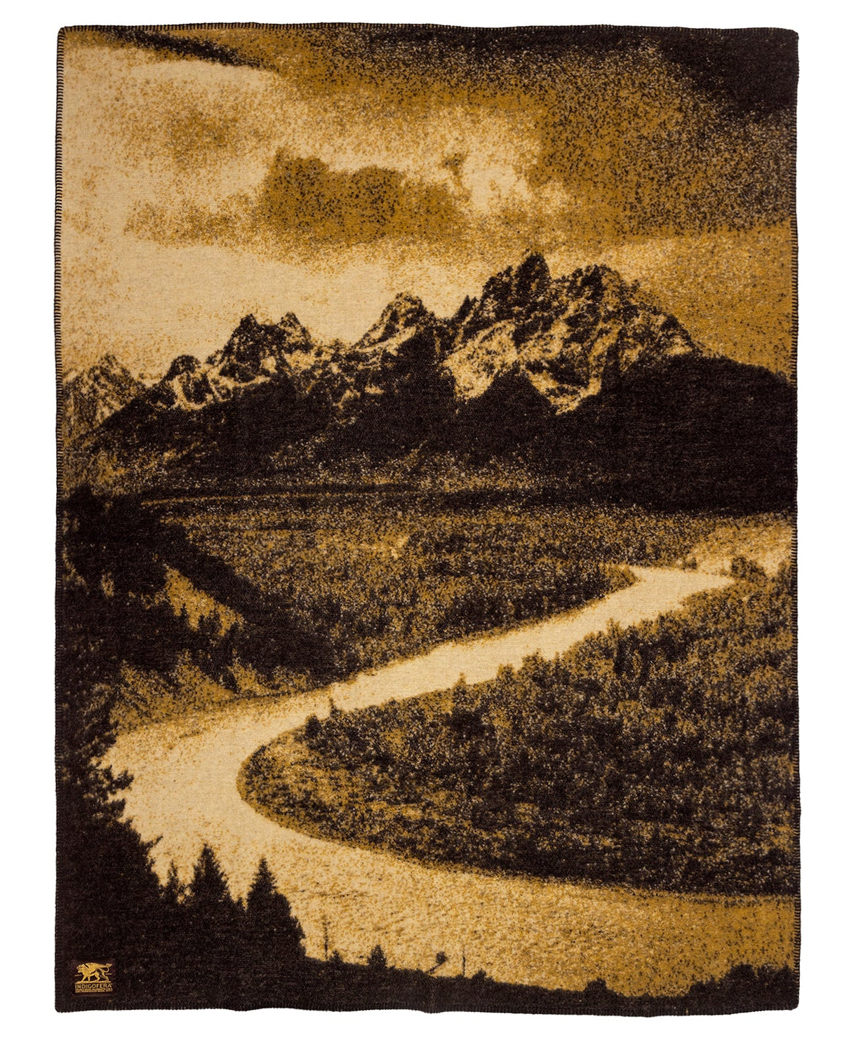 Iron Shop Provisions Indigofera Snake River Blanket with mountain and river landscape design