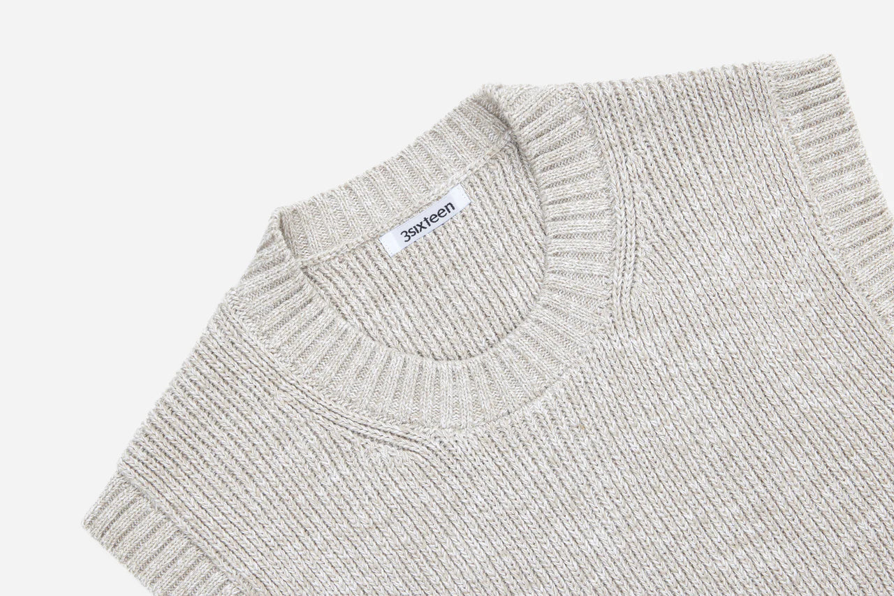 Natural beige knit sweater vest with round neckline and ribbed edges from 3sixteen brand