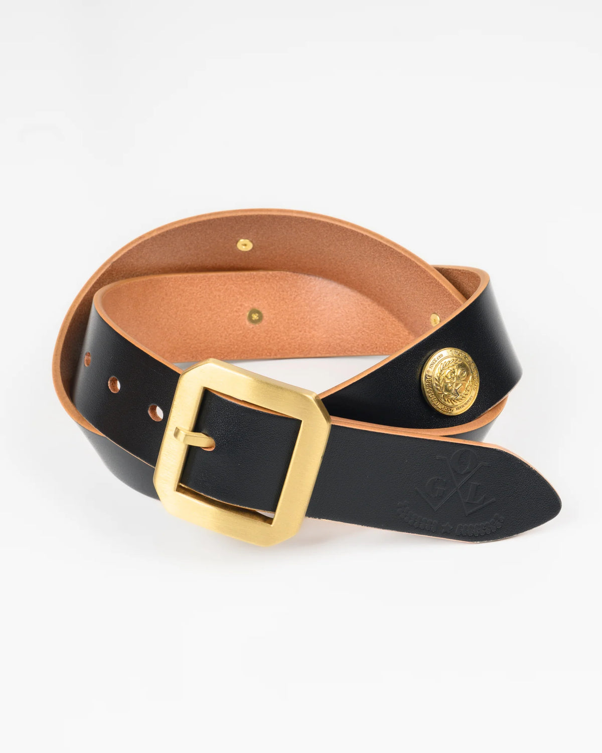Black leather belt with gold buckle on a white background