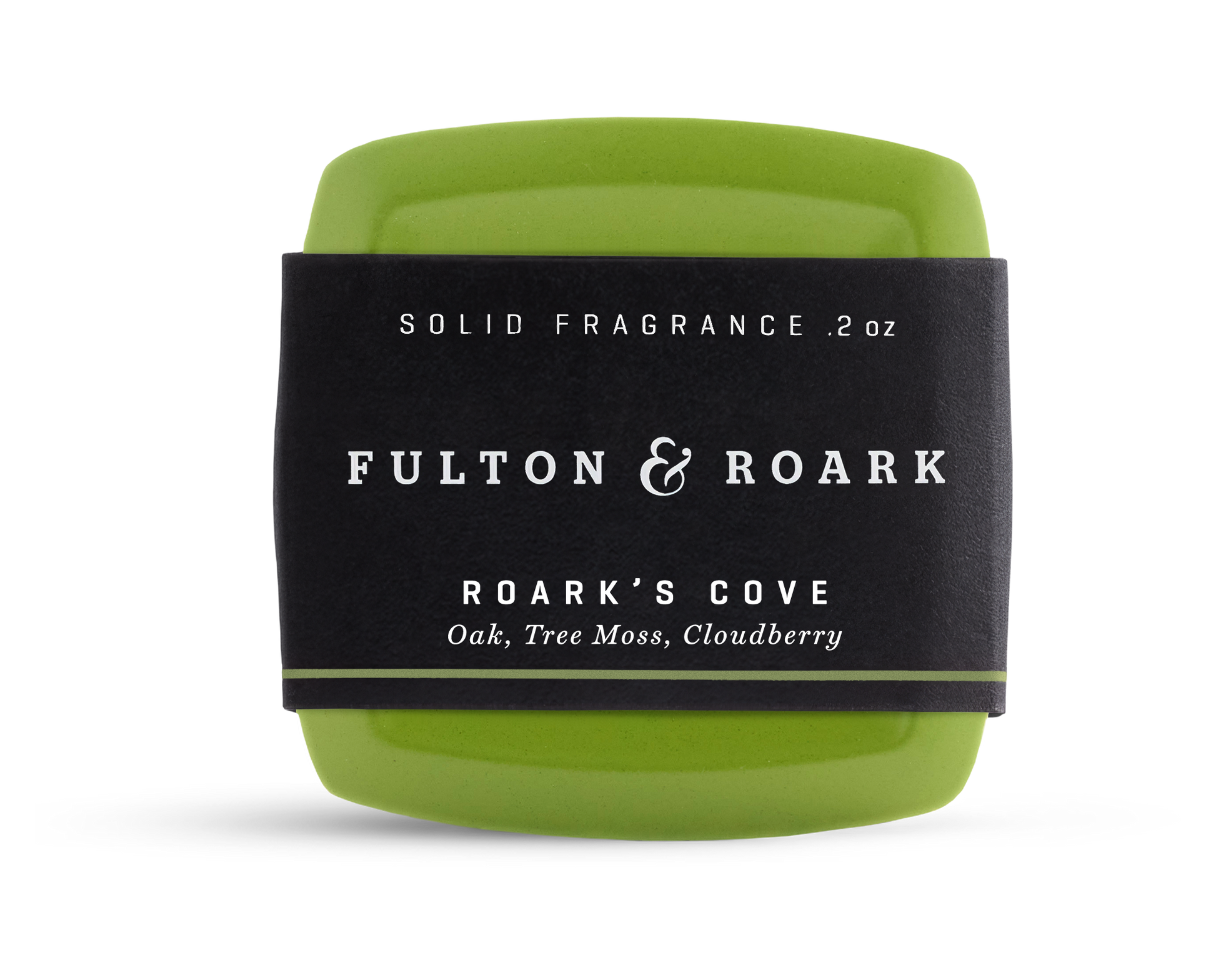 Fulton & Roark Roark's Cove solid fragrance in green compact with black label, oak, tree moss, cloudberry scent