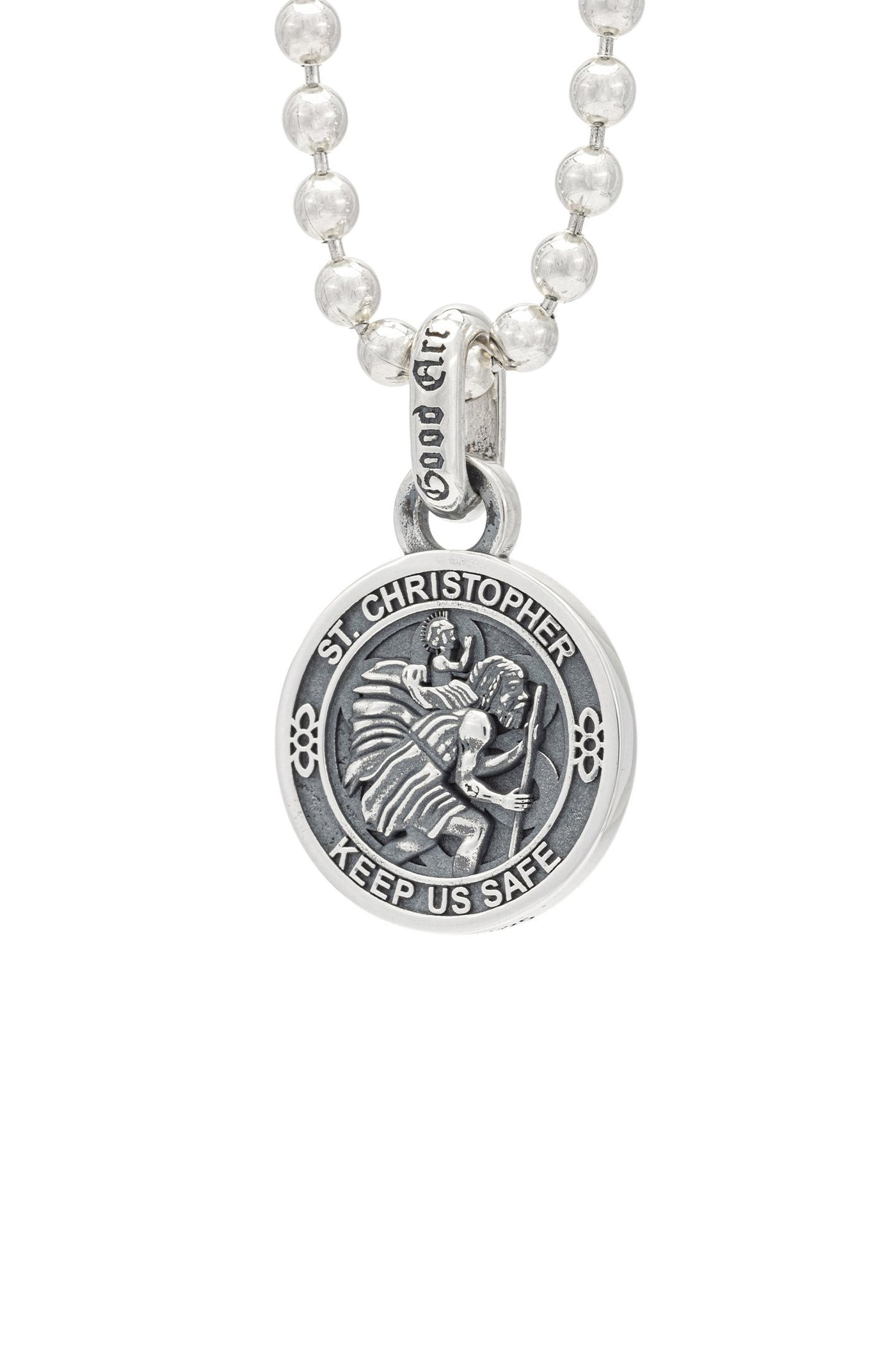 Sterling silver St. Christopher pendant necklace with engraved inscription and beaded chain