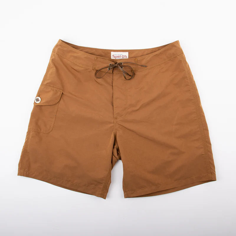 Brown men's cargo shorts with side pocket and drawstring waist by Iron Shop Provisions